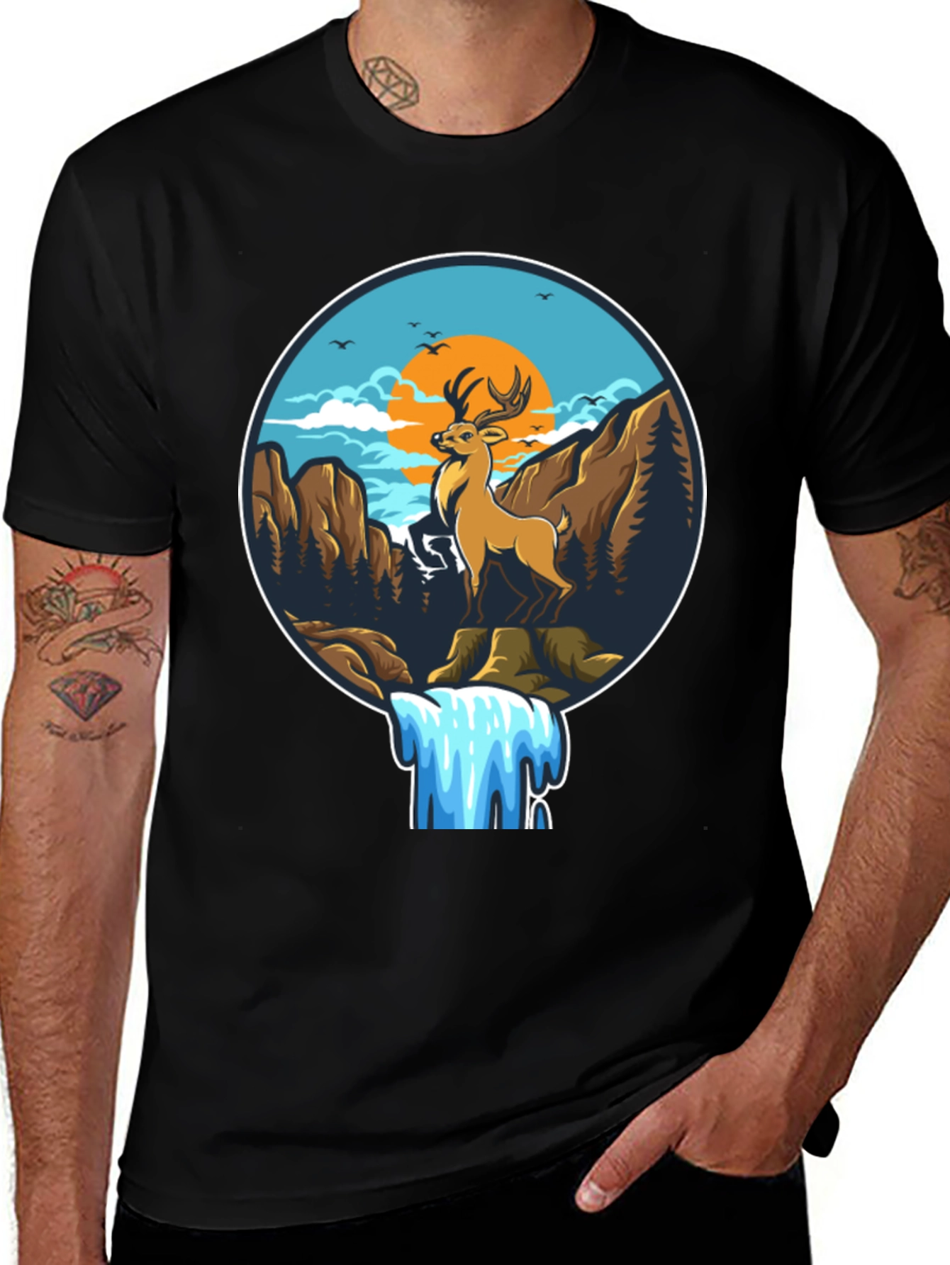 Variant 22 of Deer & Waterfall Graphic Tee - Nature Adventure Design