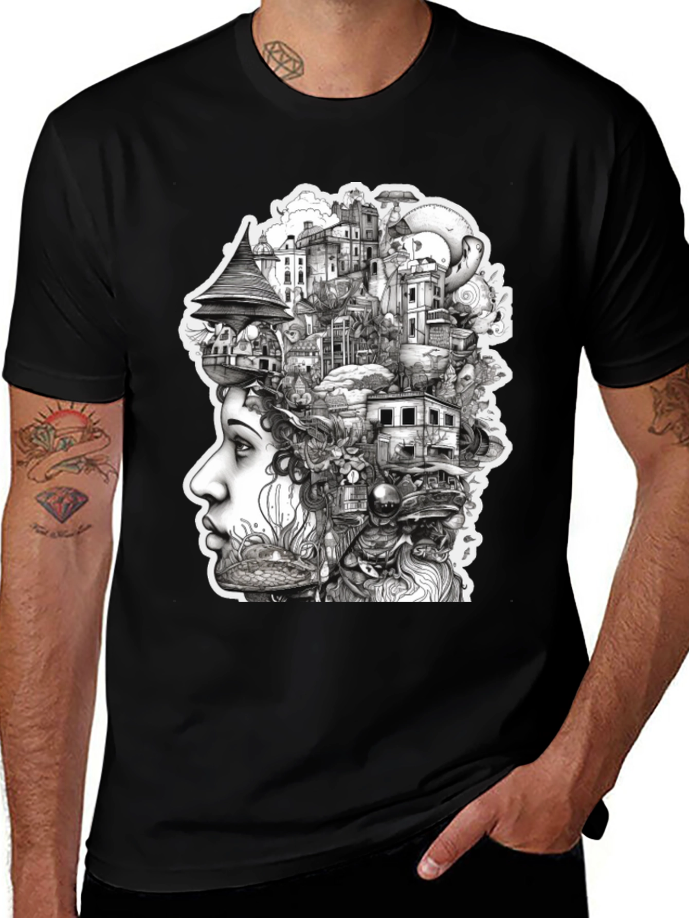 Variant 30 of Surreal Cityscape Head T-Shirt - Unique Art Tee