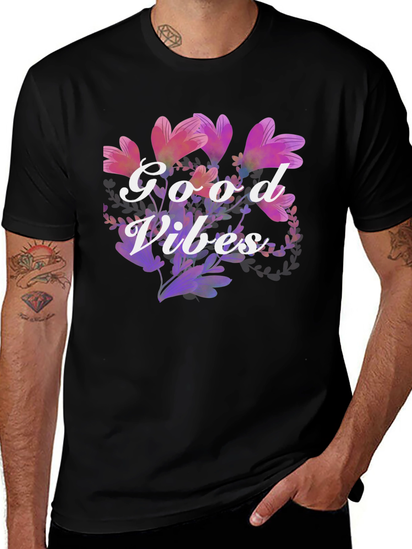 Variant 18 of Good Vibes Floral Graphic Tee - Black Cotton Blend