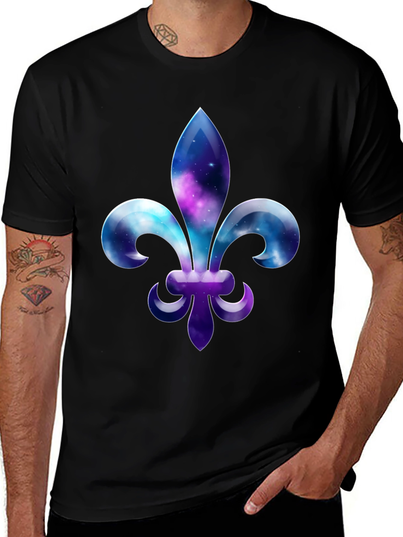 Variant 20 of Galaxy Fleur-de-lis Graphic Tee - Stylish Men's Black T-Shirt