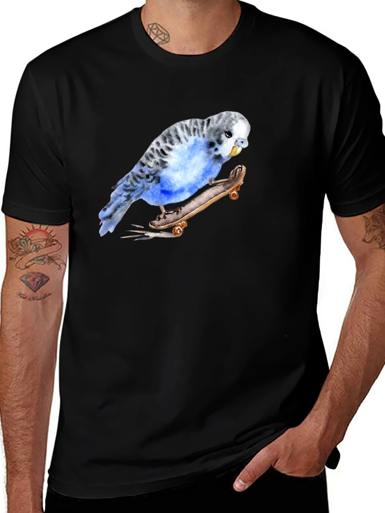 Black Parakeet Skateboard Graphic Tee - Unique Bird Lover Design main image