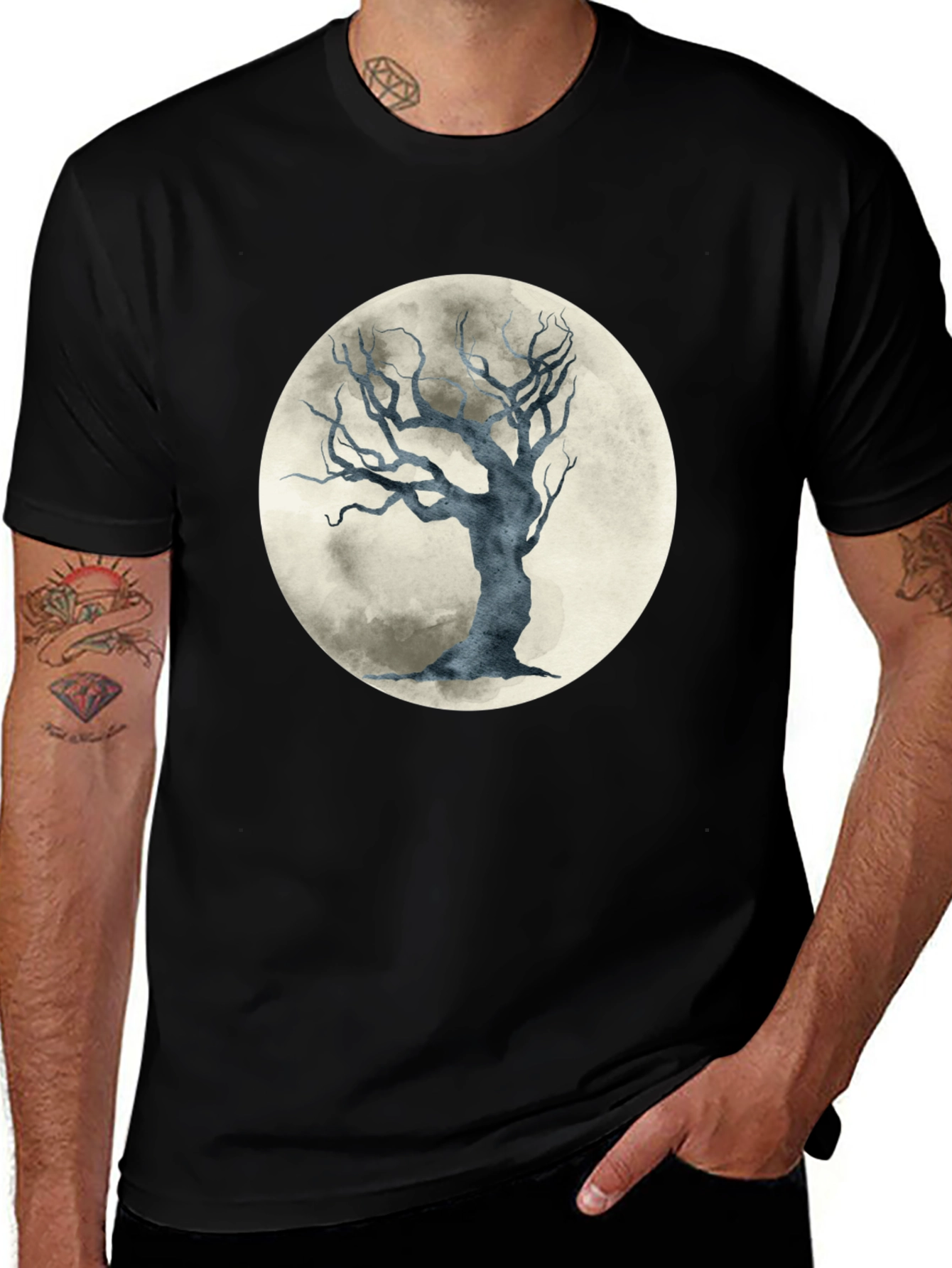 Variant 9 of Moonlit Tree Graphic Tee - Stylish Black Cotton T-Shirt