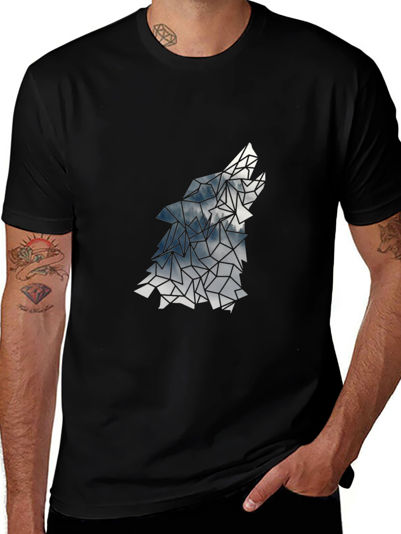 Variant 17 of Geometric Wolf Graphic Print Black T-Shirt