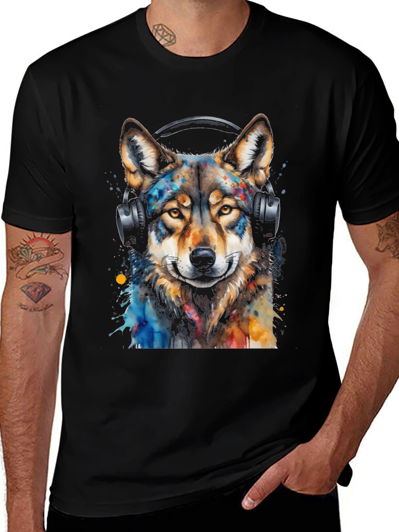 Variant 18 of Wolf Headphones Graphic Tee - Men's Black T-Shirt