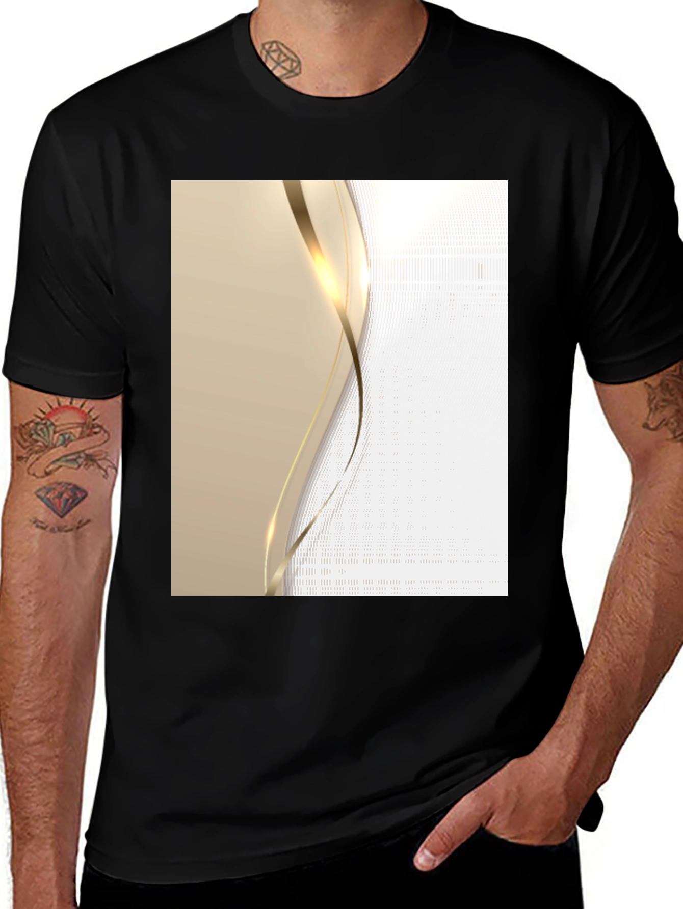 Elegant Black T-Shirt with Gold Wave Design
