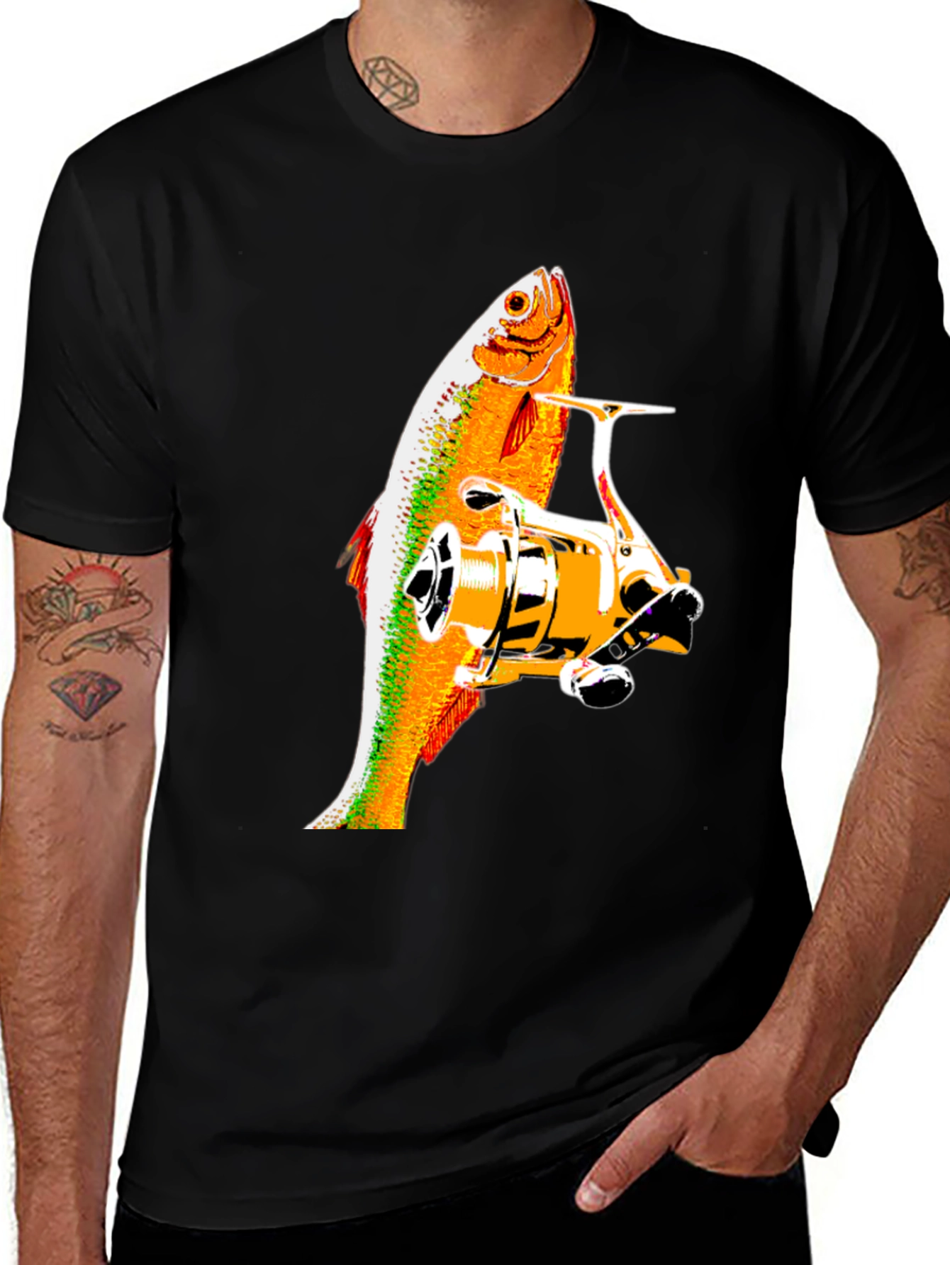 Variant 9 of Fishing Reel & Fish Graphic Tee - Black Cotton Shirt