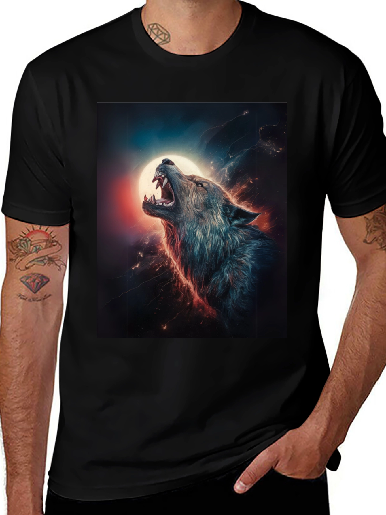 Variant 22 of Wolf Howling at Moon Graphic Tee - Black T-Shirt