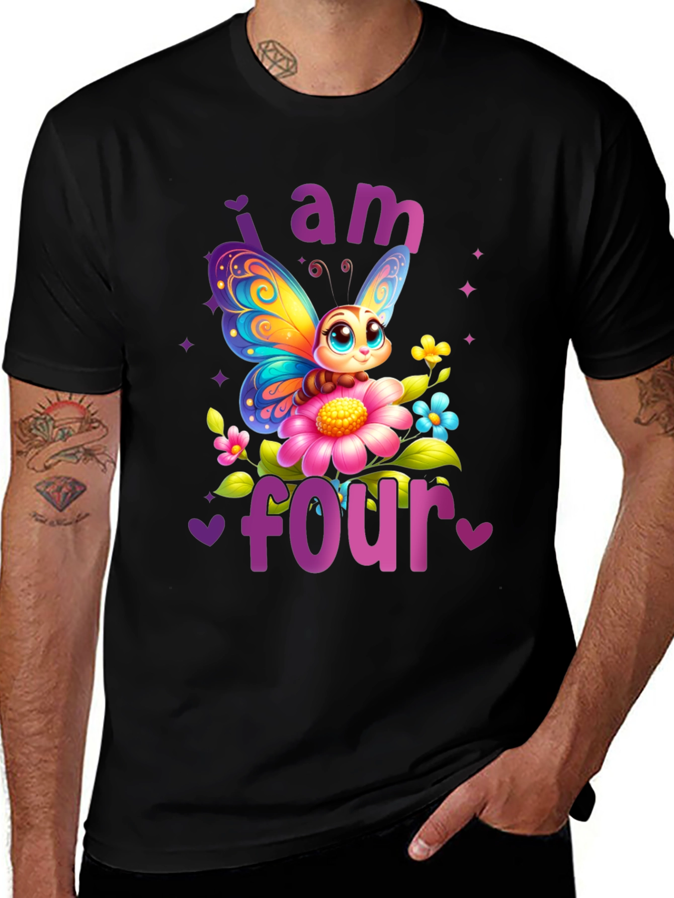 Black Cute Butterfly 4th Birthday T-Shirt main image