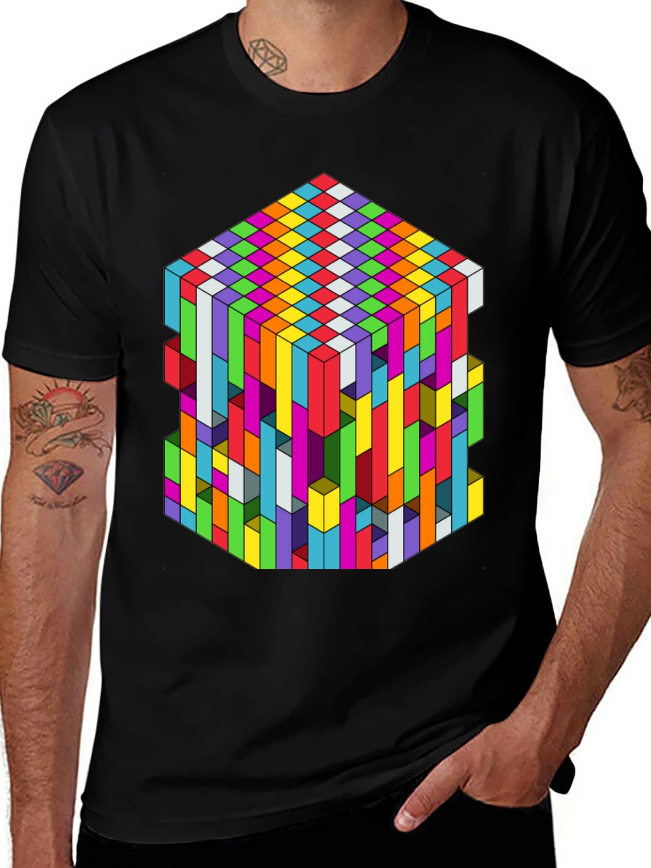 Variant 21 of Geometric Illusion Cube Graphic Tee - Black