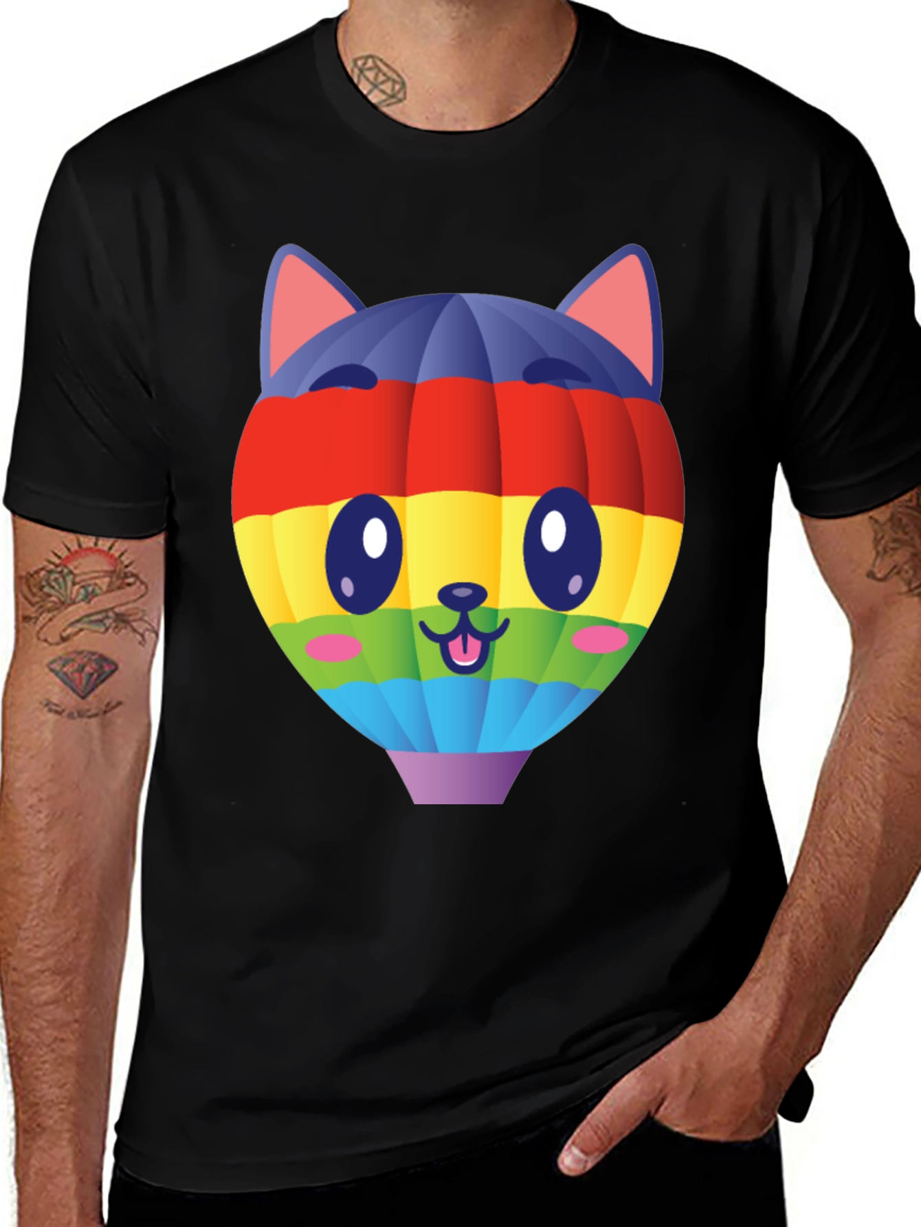 Rainbow Cat Balloon Graphic Tee - Unisex Black T-Shirt