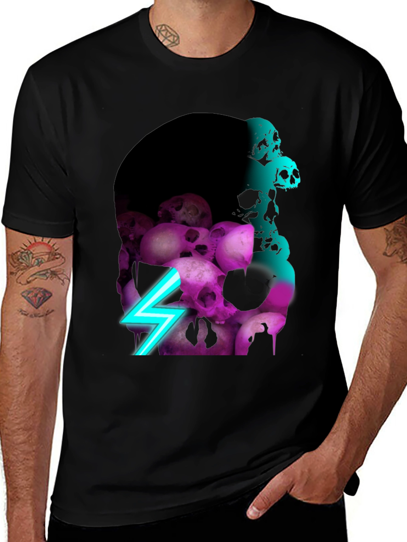 Variant 4 of Skull Pile Graphic Tee - Neon Lightning Bolt Design