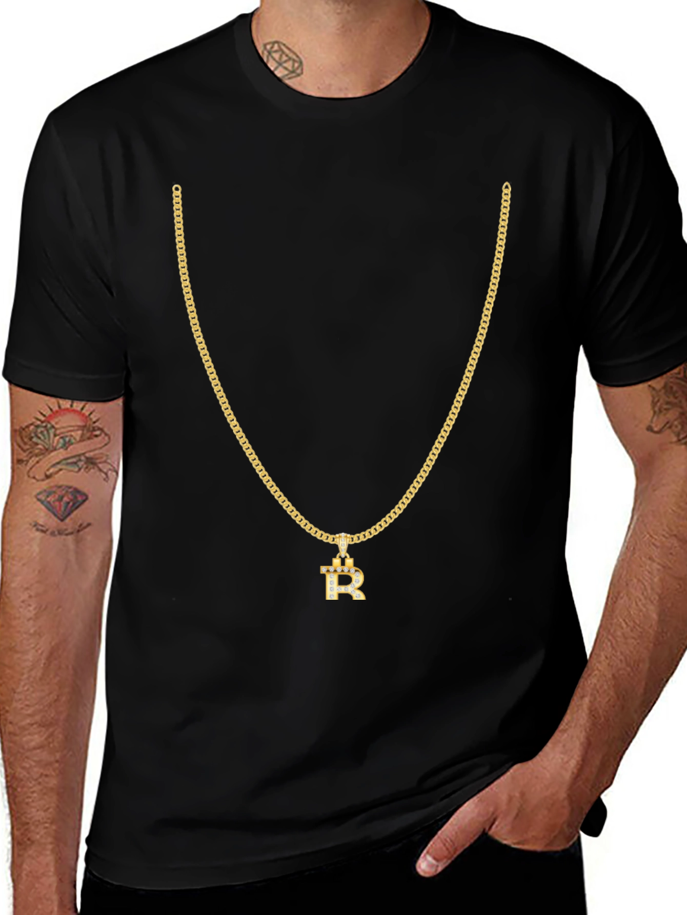 Variant 20 of Men's Black T-Shirt with Gold Chain and 'R' Pendant