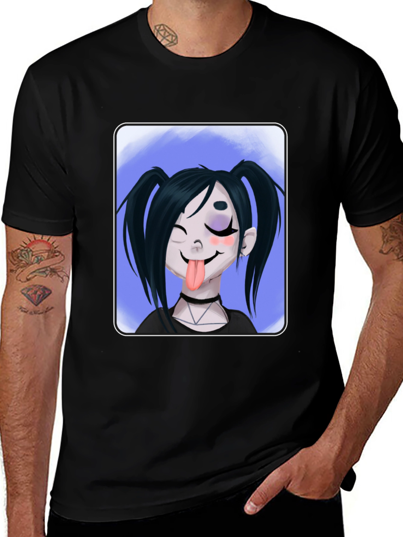 Goth Girl Cartoon Graphic Tee - Black Cotton T-Shirt