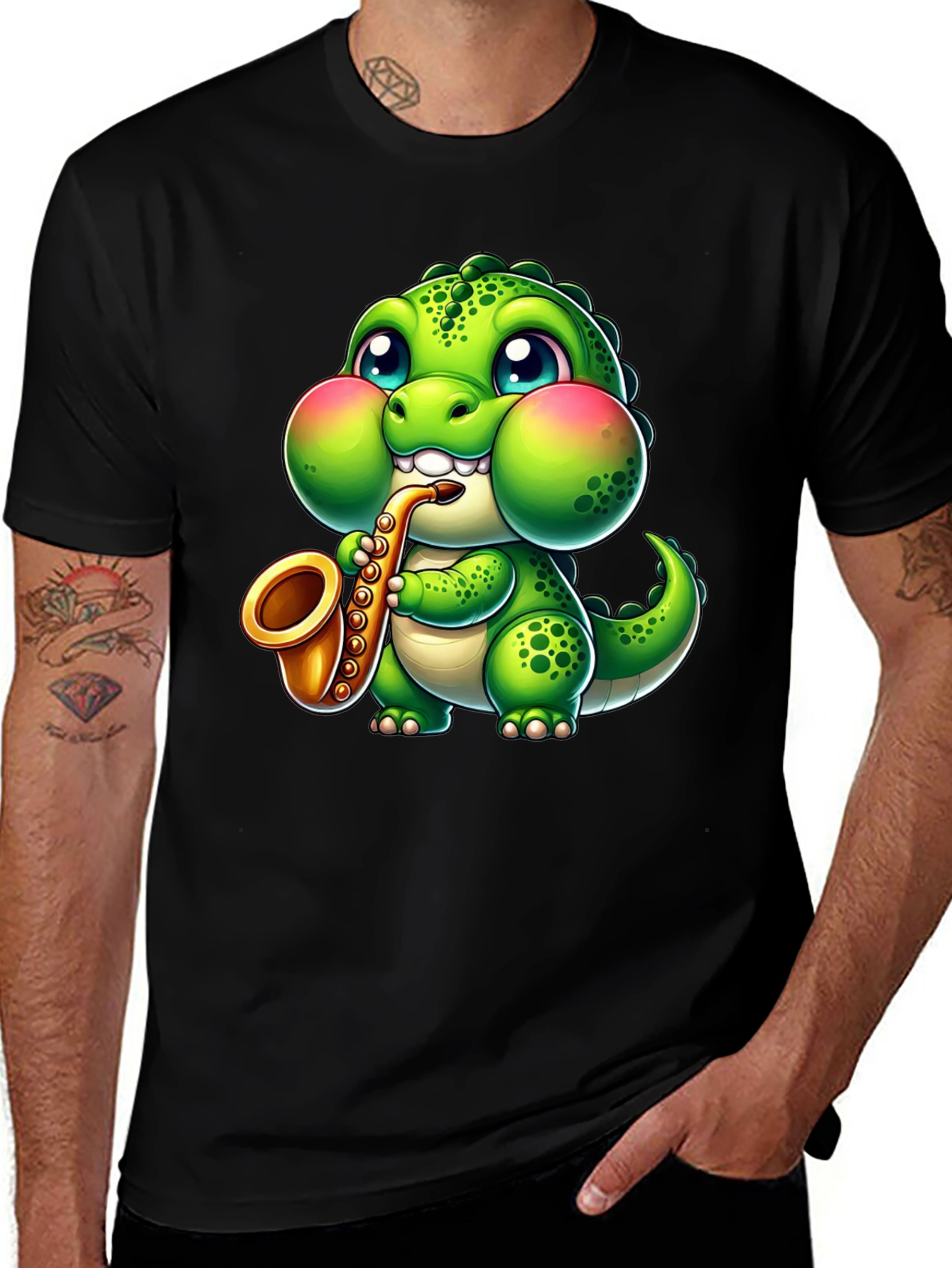 Variant 9 of Dino Sax T-Shirt - Green Cartoon Dinosaur on Black Tee