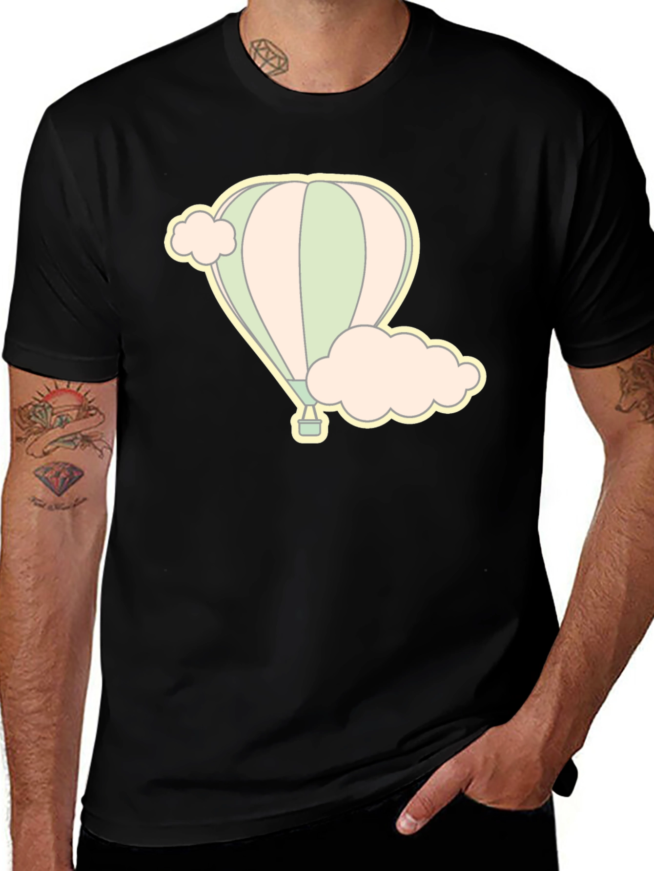 Variant 18 of Pastel Hot Air Balloon Graphic Tee - Black Cotton T-Shirt