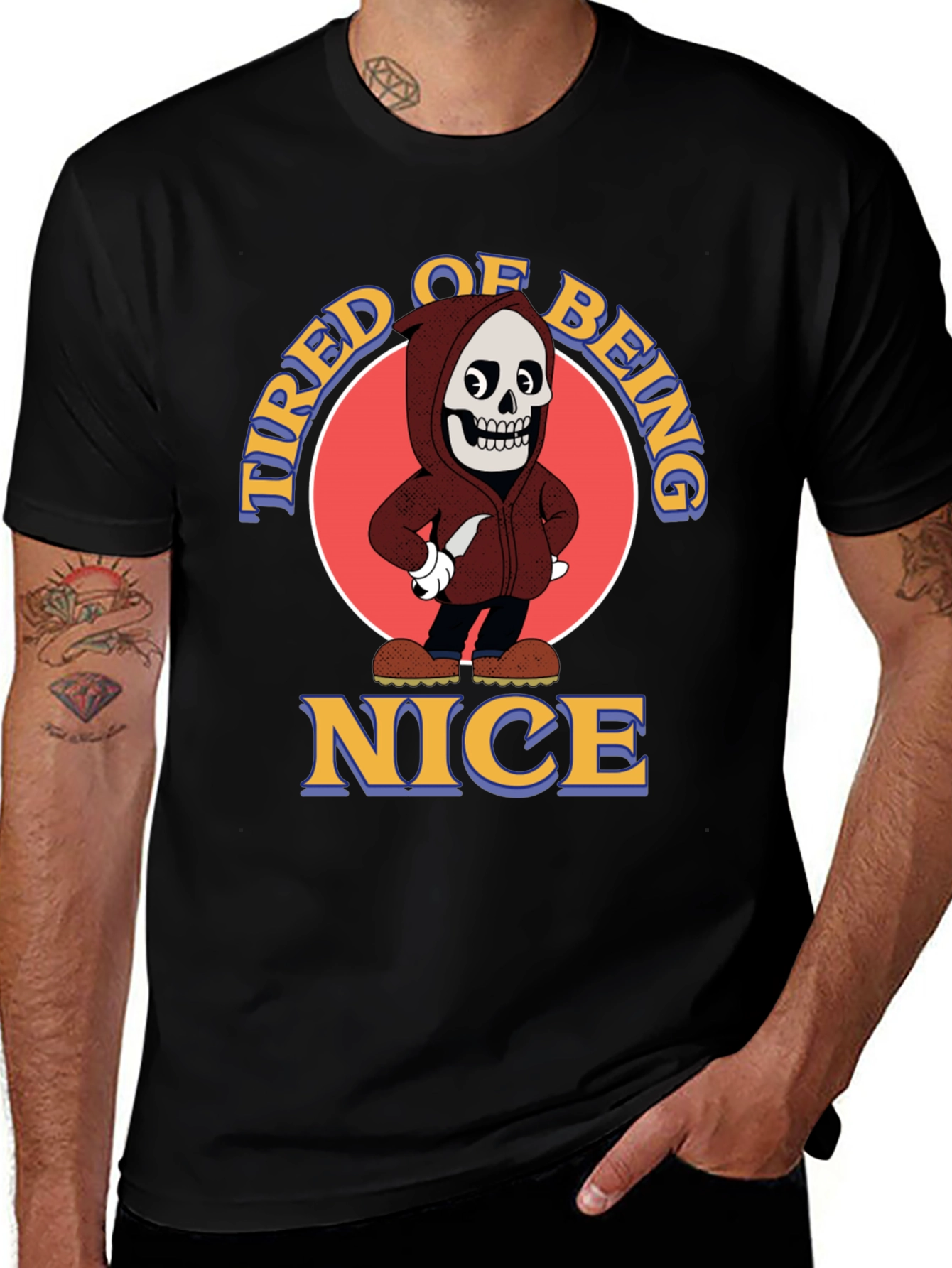 Variant 30 of Tired of Being Nice Cartoon Skeleton Graphic T-Shirt