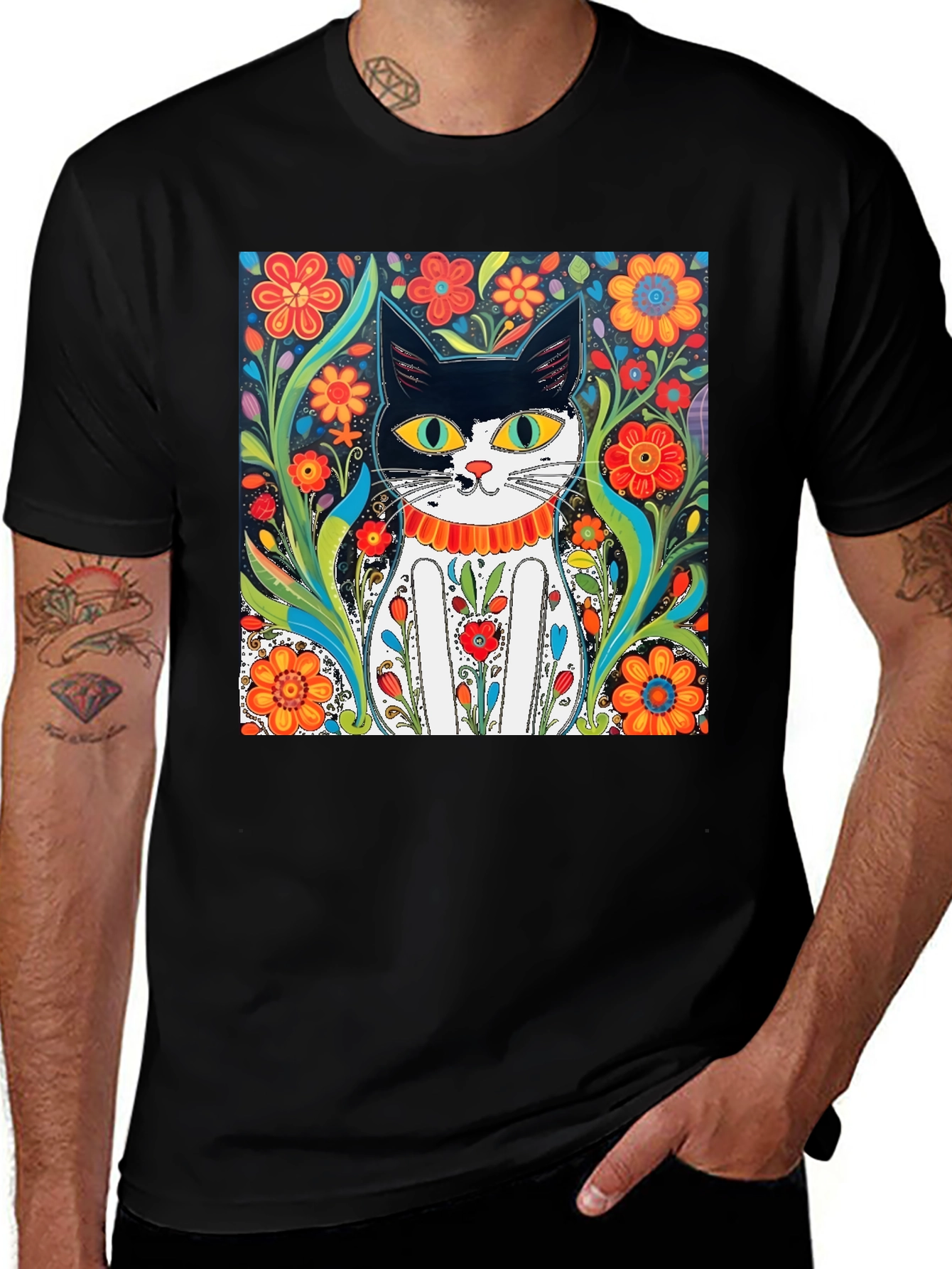 Variant 17 of Cat Floral Art Graphic Tee - Black Cotton T-Shirt