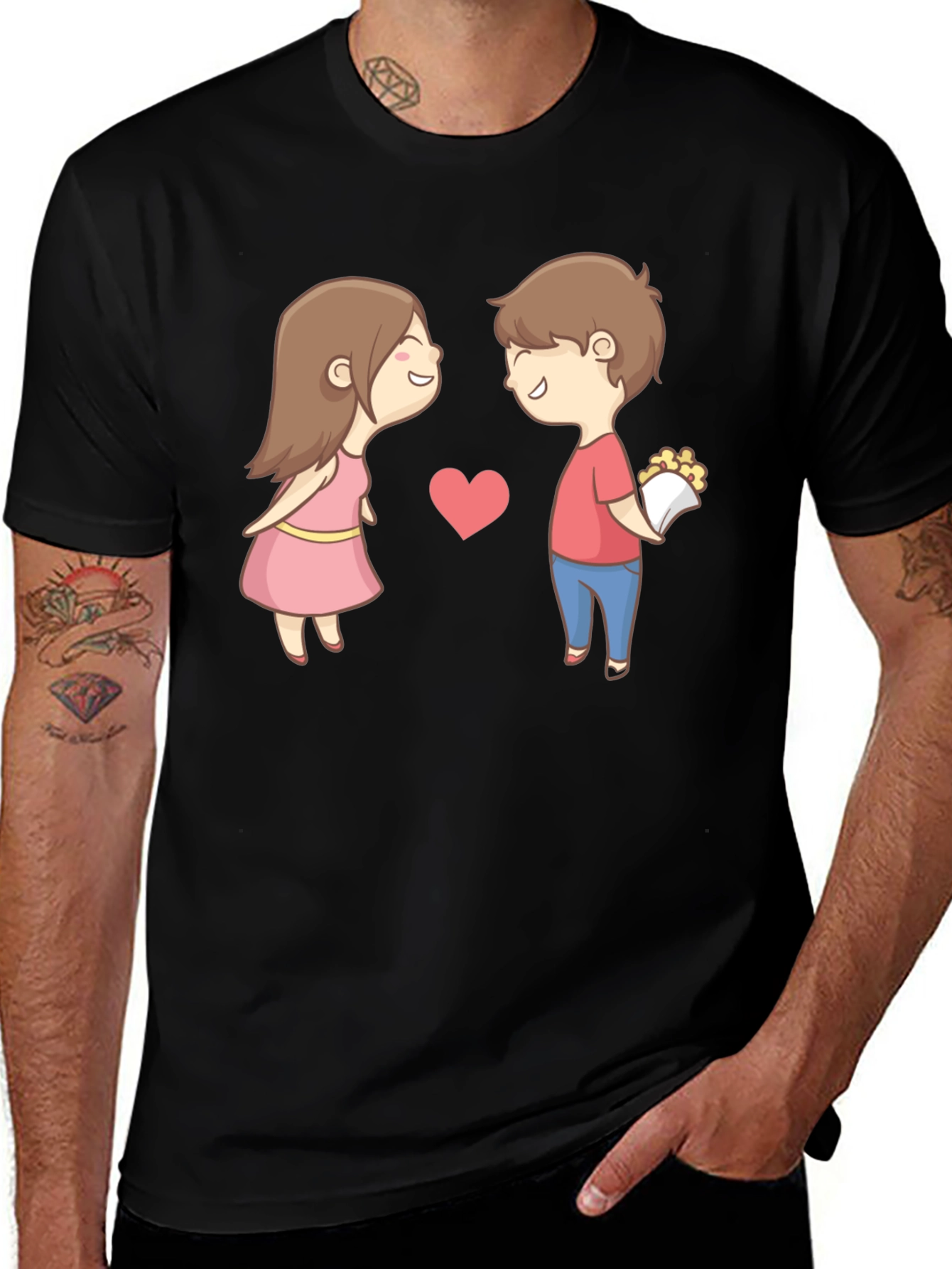 Variant 22 of Cute Cartoon Couple Graphic Tee - Black