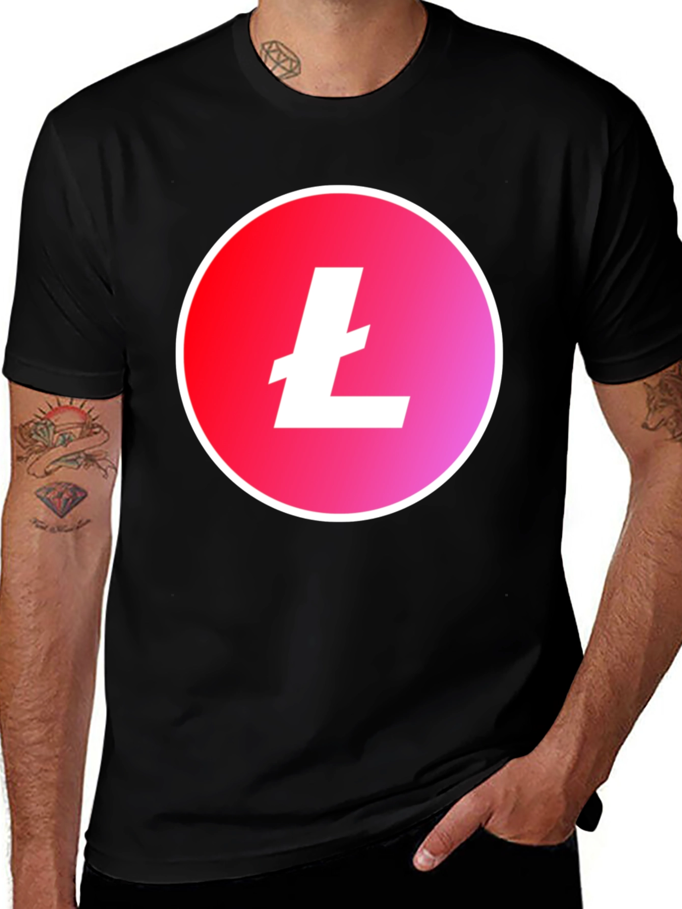 Variant 26 of Litecoin Crypto Black T-Shirt - Red & Pink Gradient Circle