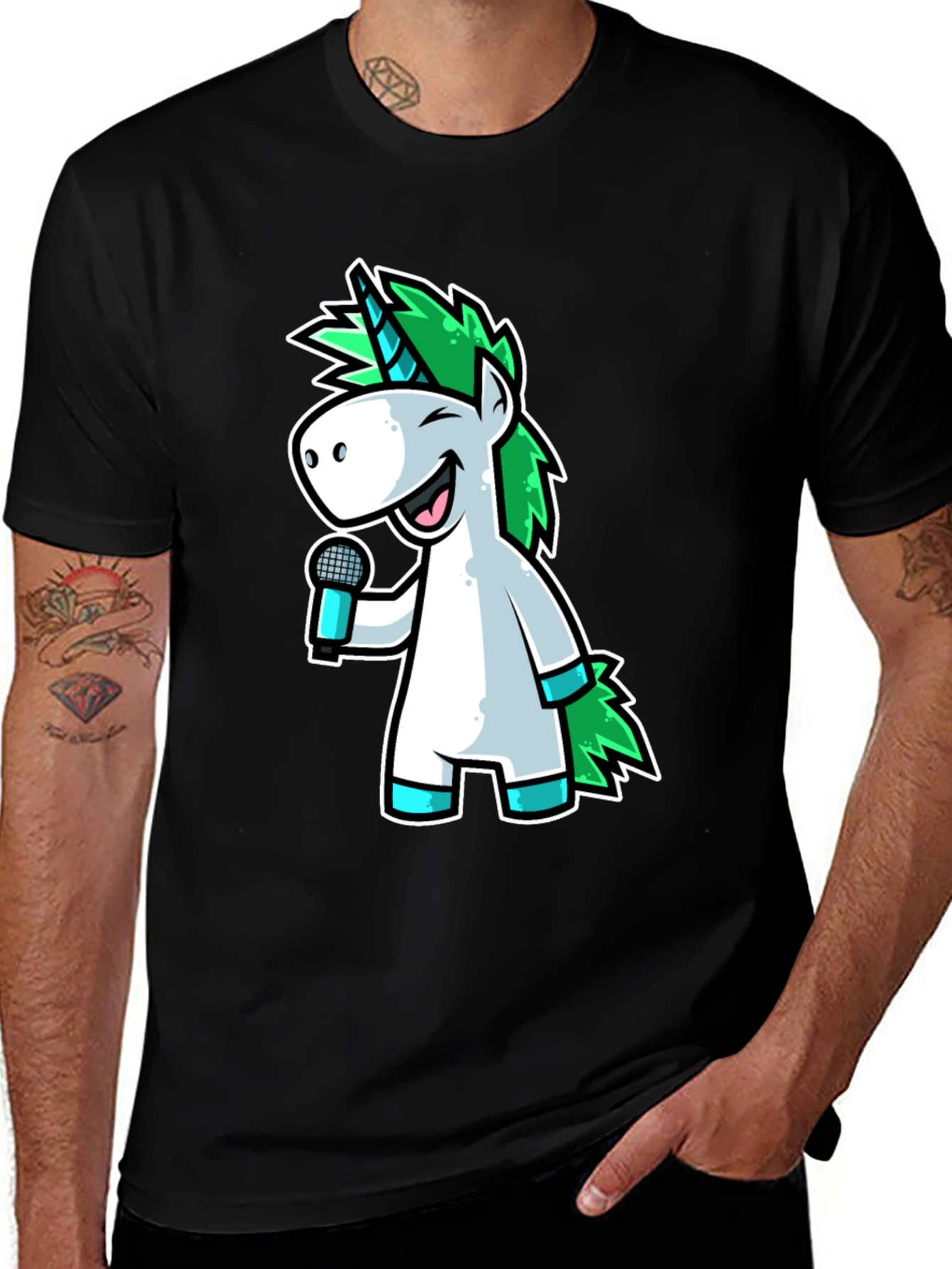Variant 20 of Unicorn Singer Black T-Shirt - Cartoon Graphic Tee