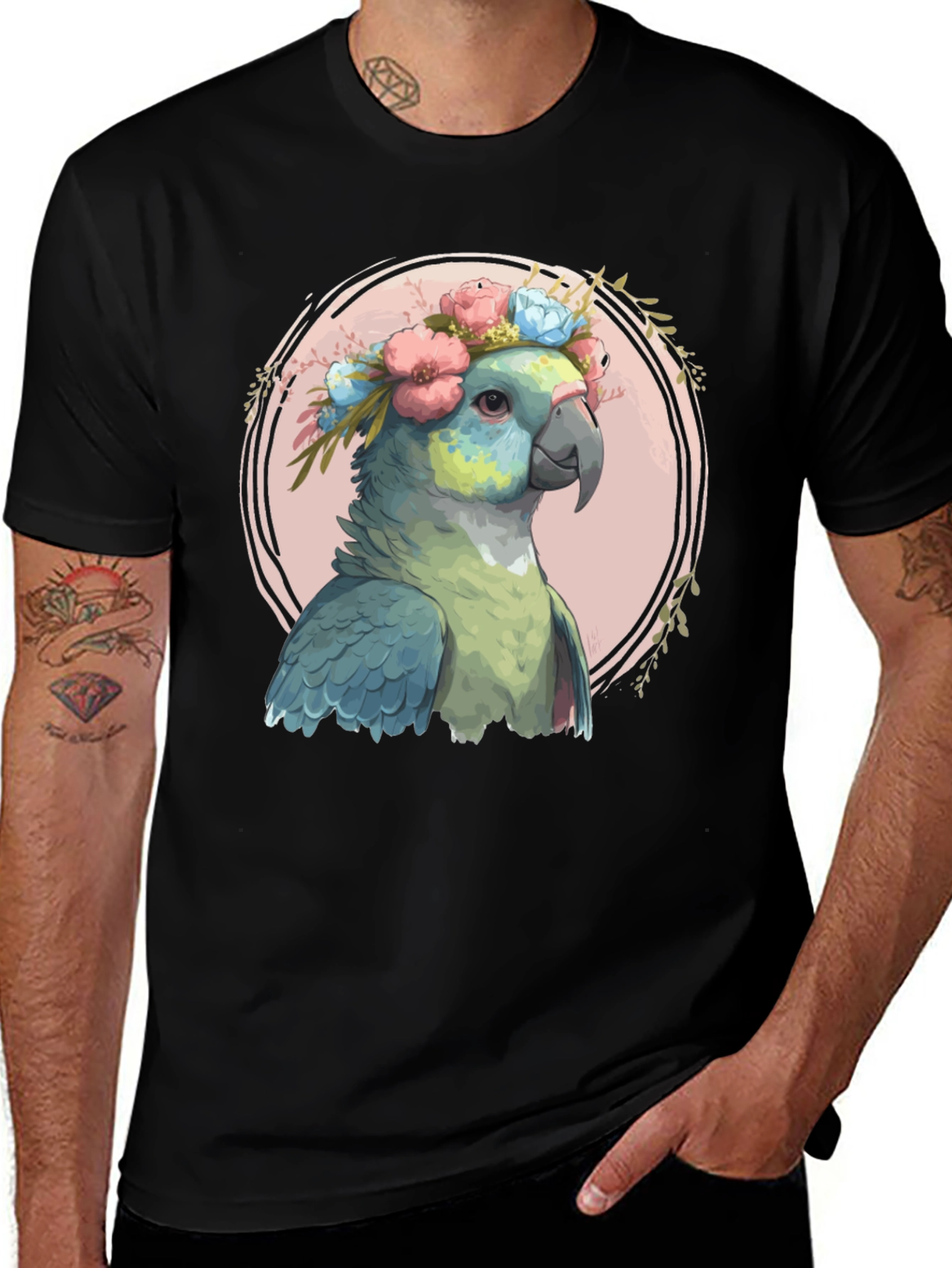 Variant 28 of Floral Parrot Graphic T-Shirt - Black