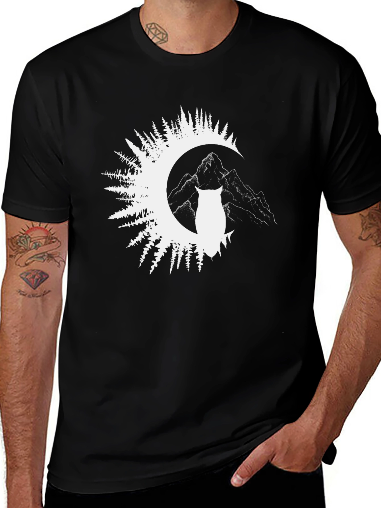 Variant 22 of Men's Black T-Shirt with Owl Moon Design