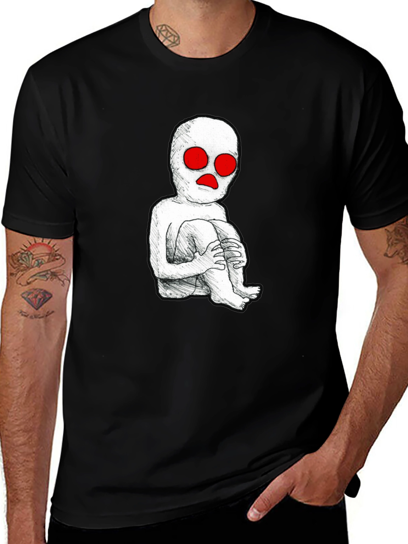Variant 17 of Unique Graphic Tee - "Red-Eyed Figure" Design