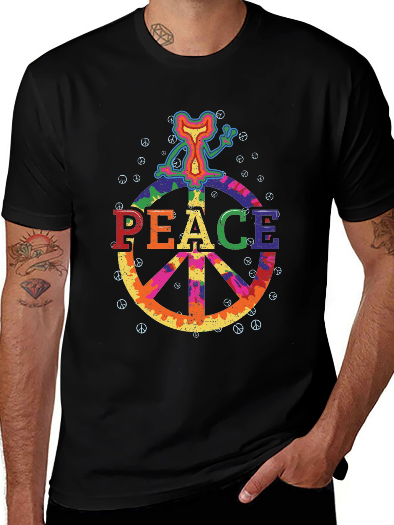 Variant 12 of Retro Peace Sign Graphic Tee - Black Cotton T-Shirt