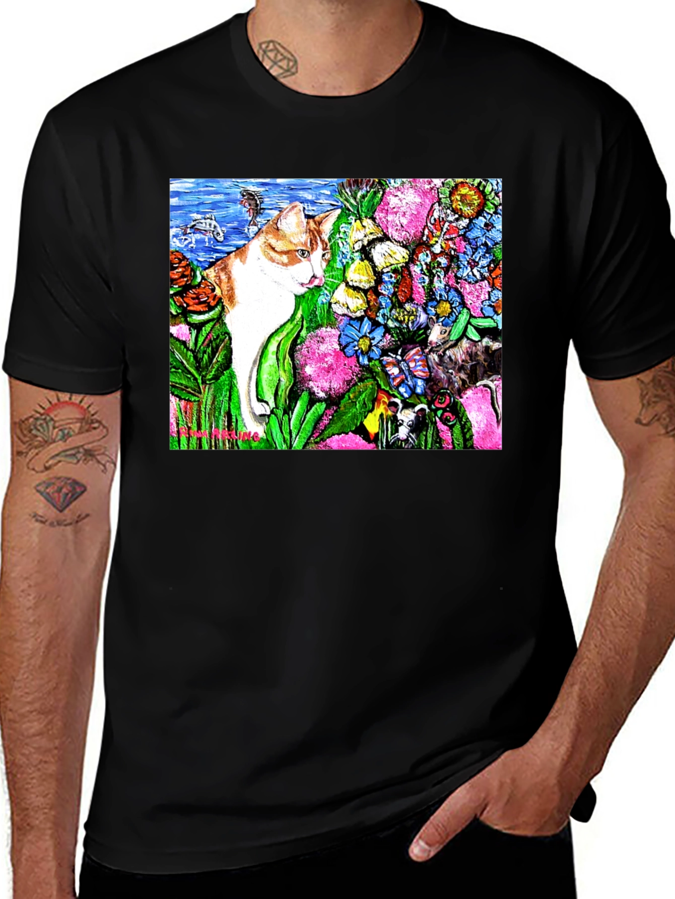 Variant 10 of Whimsical Cat & Garden Black T-Shirt