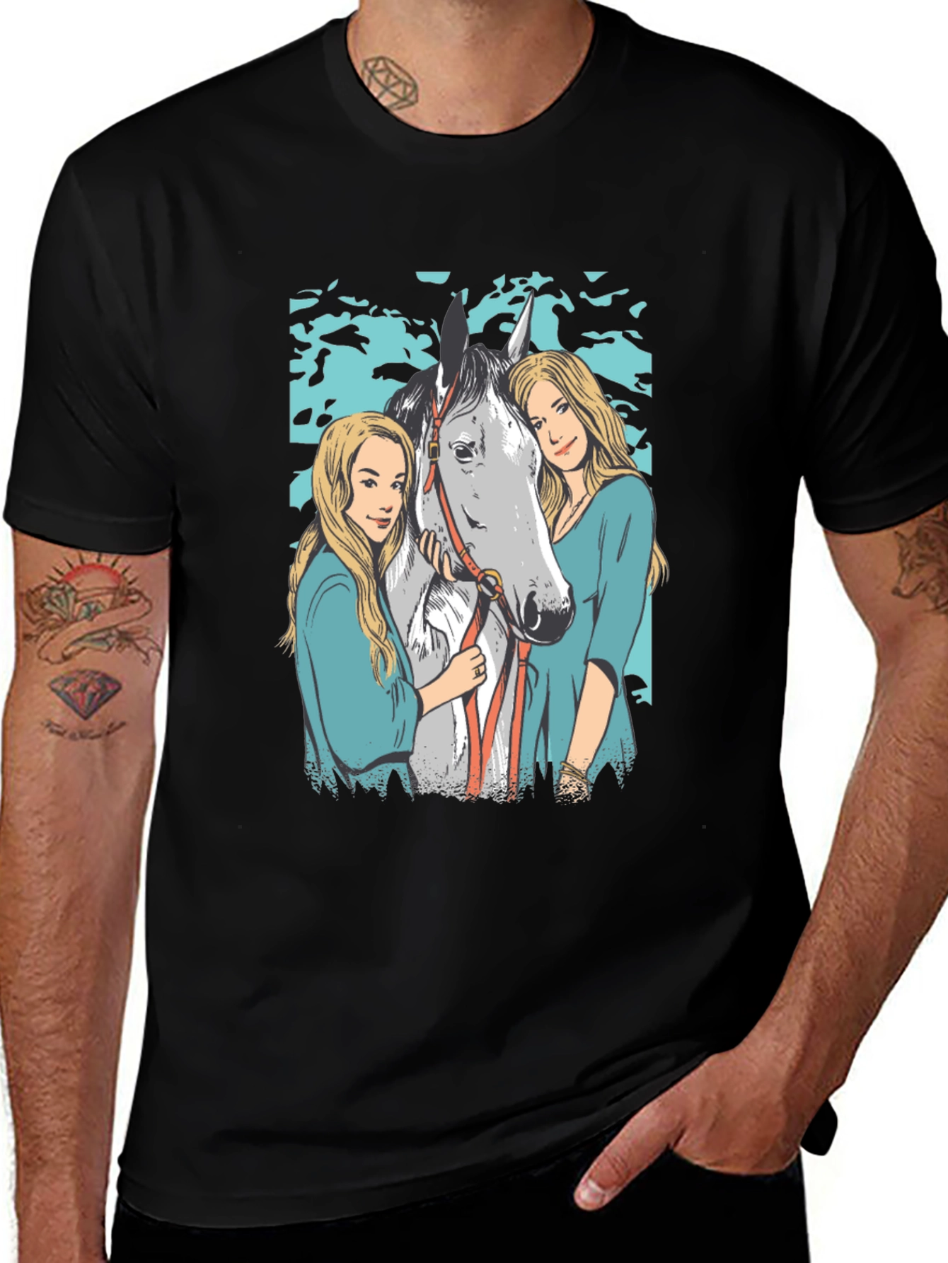 Horse and Girls Graphic Print Black T-Shirt
