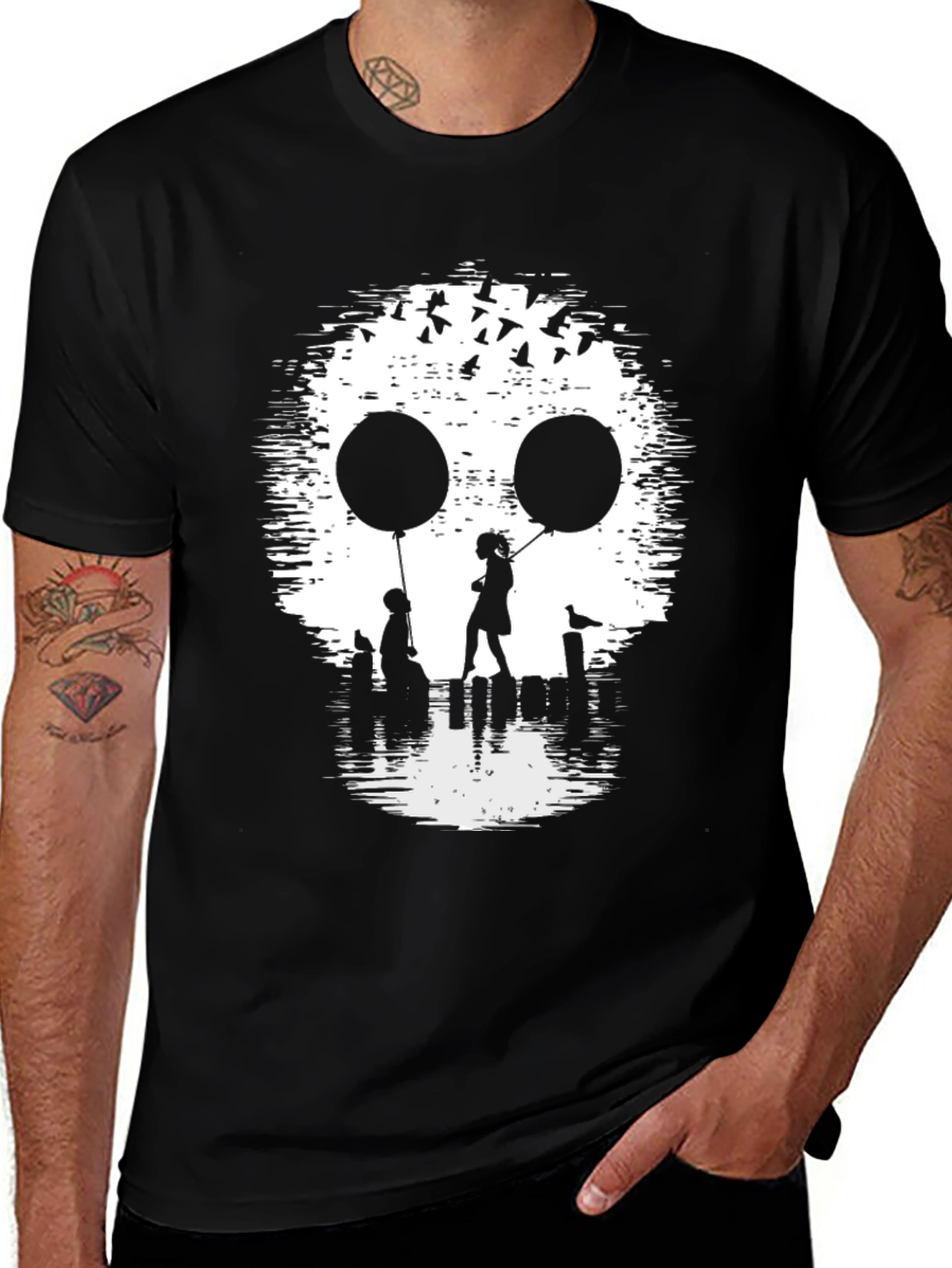 Variant 17 of Skull Silhouette Balloon Graphic Tee - Black