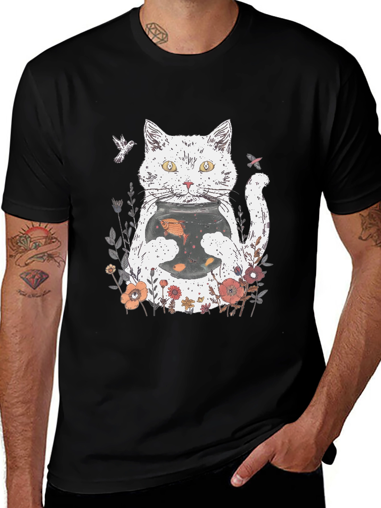 Variant 13 of Cat with Fishbowl Black T-Shirt