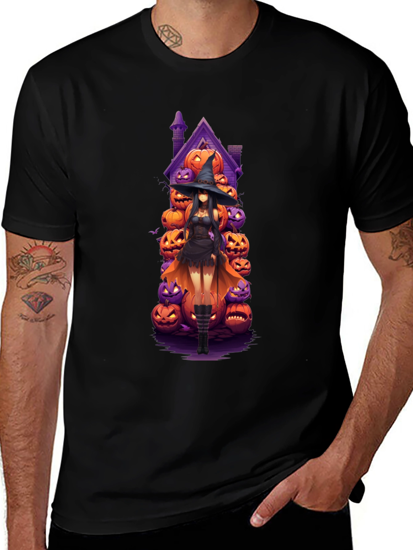 Halloween Witch Pumpkin House Black T-Shirt