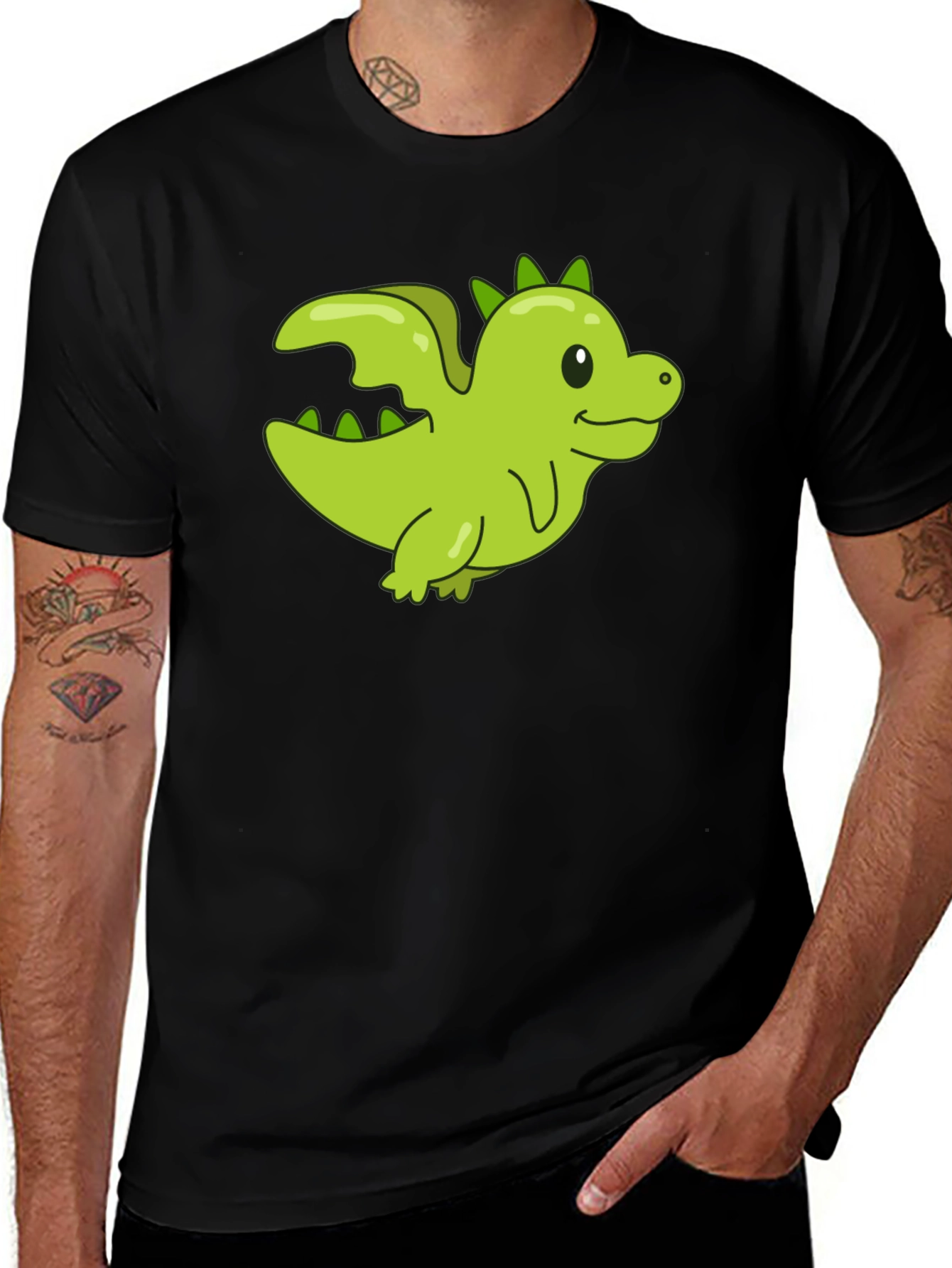Variant 4 of Cute Green Dragon Graphic T-Shirt - Black