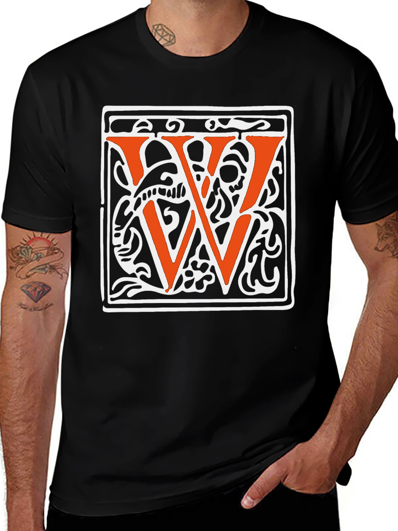 Variant 23 of Black T-Shirt with Decorative Letter W Graphic