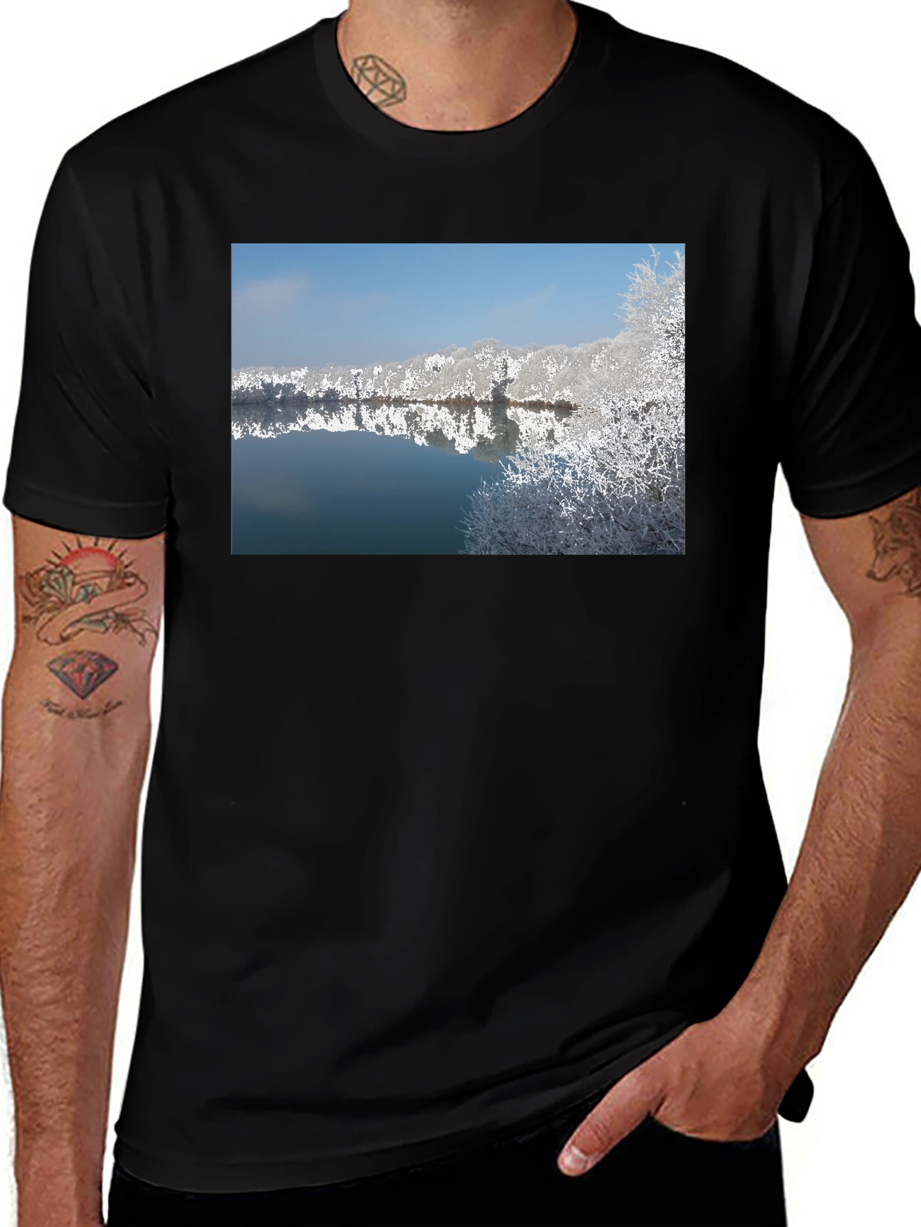 Black Winter Lake Reflection Black T-Shirt main image