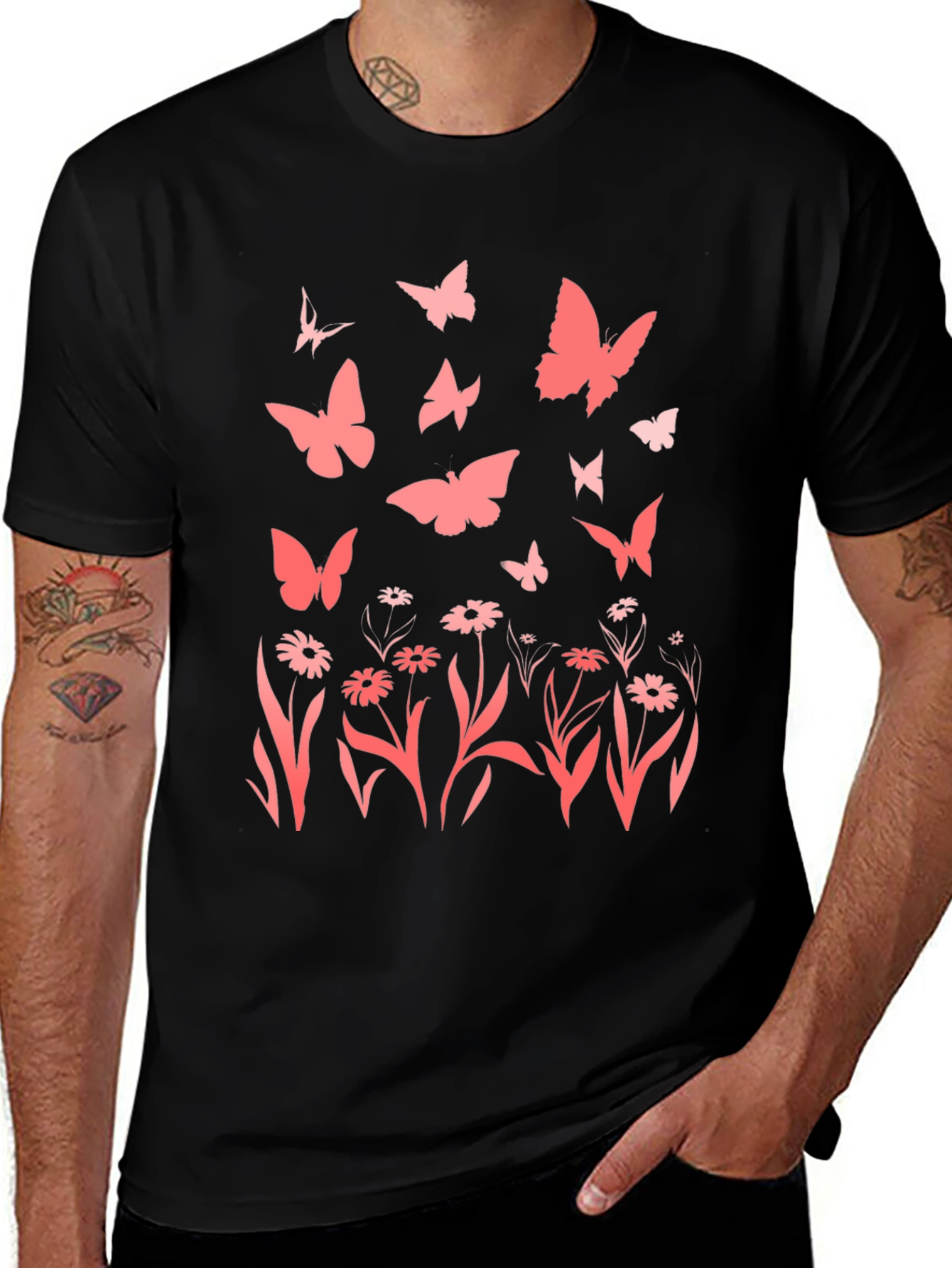 Butterfly & Floral Print Black T-Shirt
