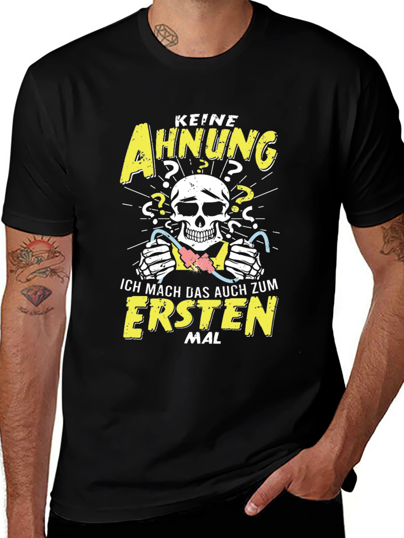 Variant 25 of Humorous "Keine Ahnung" Skeleton T-Shirt