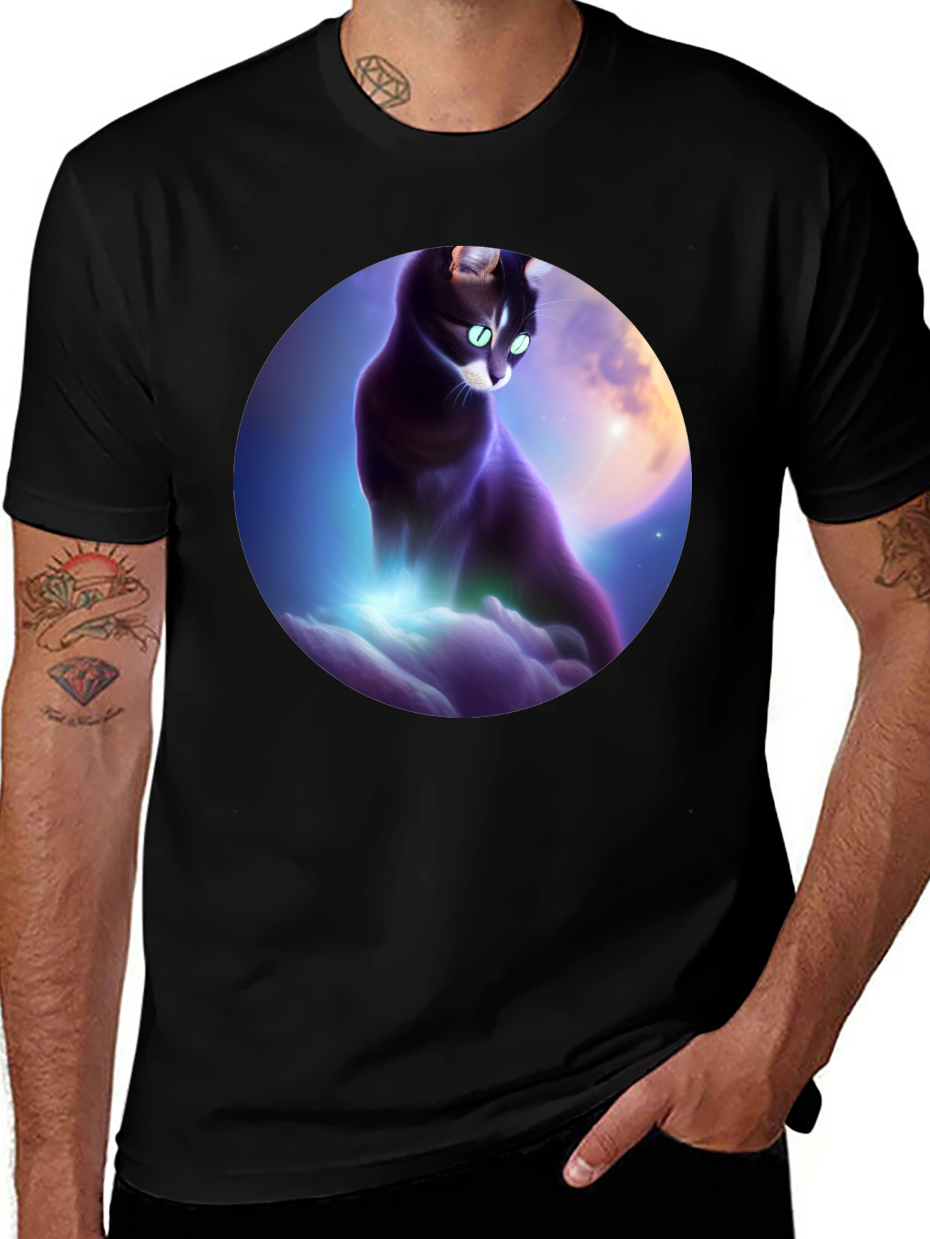 Variant 17 of Celestial Cat T-Shirt - Black Graphic Tee
