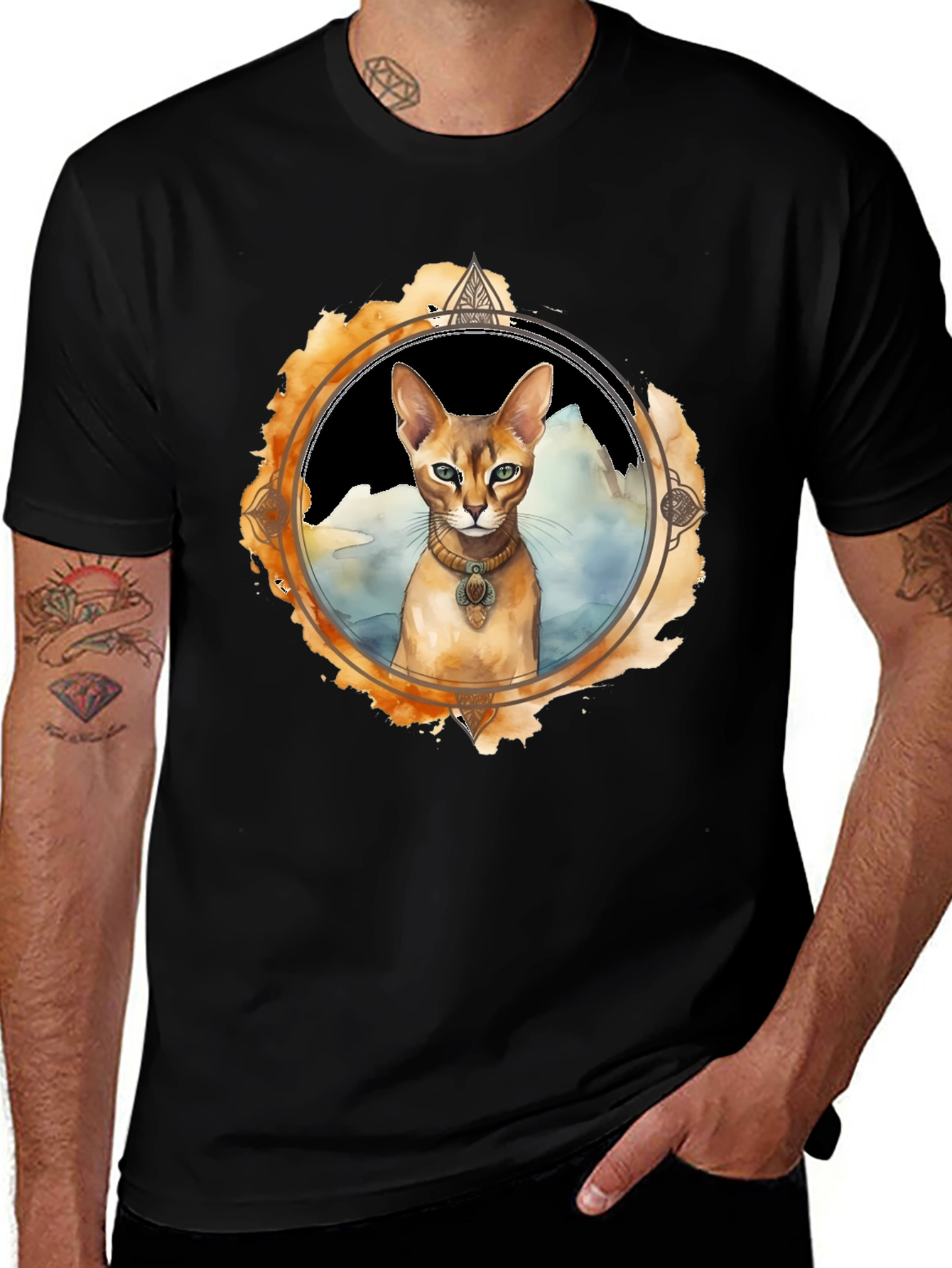 Variant 12 of Watercolor Cat Portrait Graphic Tee - Black