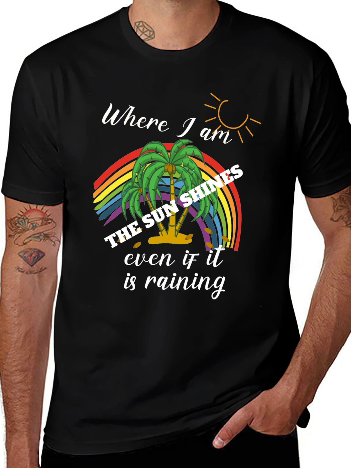 Variant 28 of The Sun Shines Rainbow Palm Tree Graphic Tee