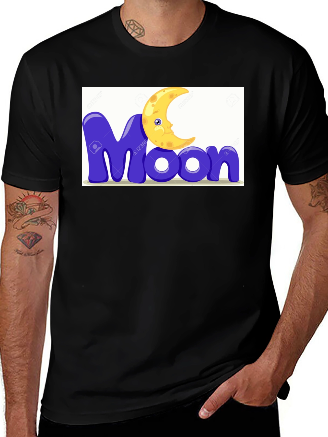 Variant 13 of Cartoon Moon Graphic Tee - Black Cotton Blend