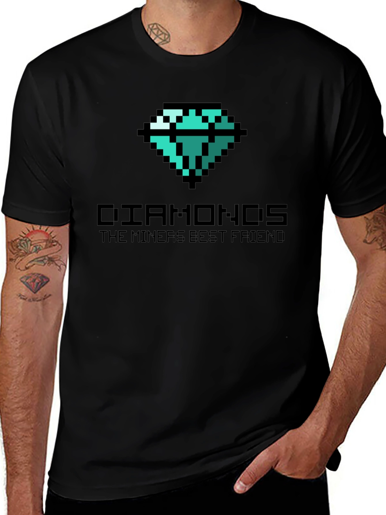 Variant 2 of Diamonds Pixel Art Black T-Shirt - Miner's Best Friend