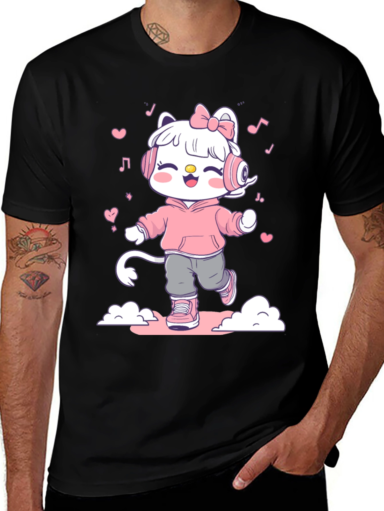 Variant 3 of Cute Cartoon Cat on Black T-Shirt