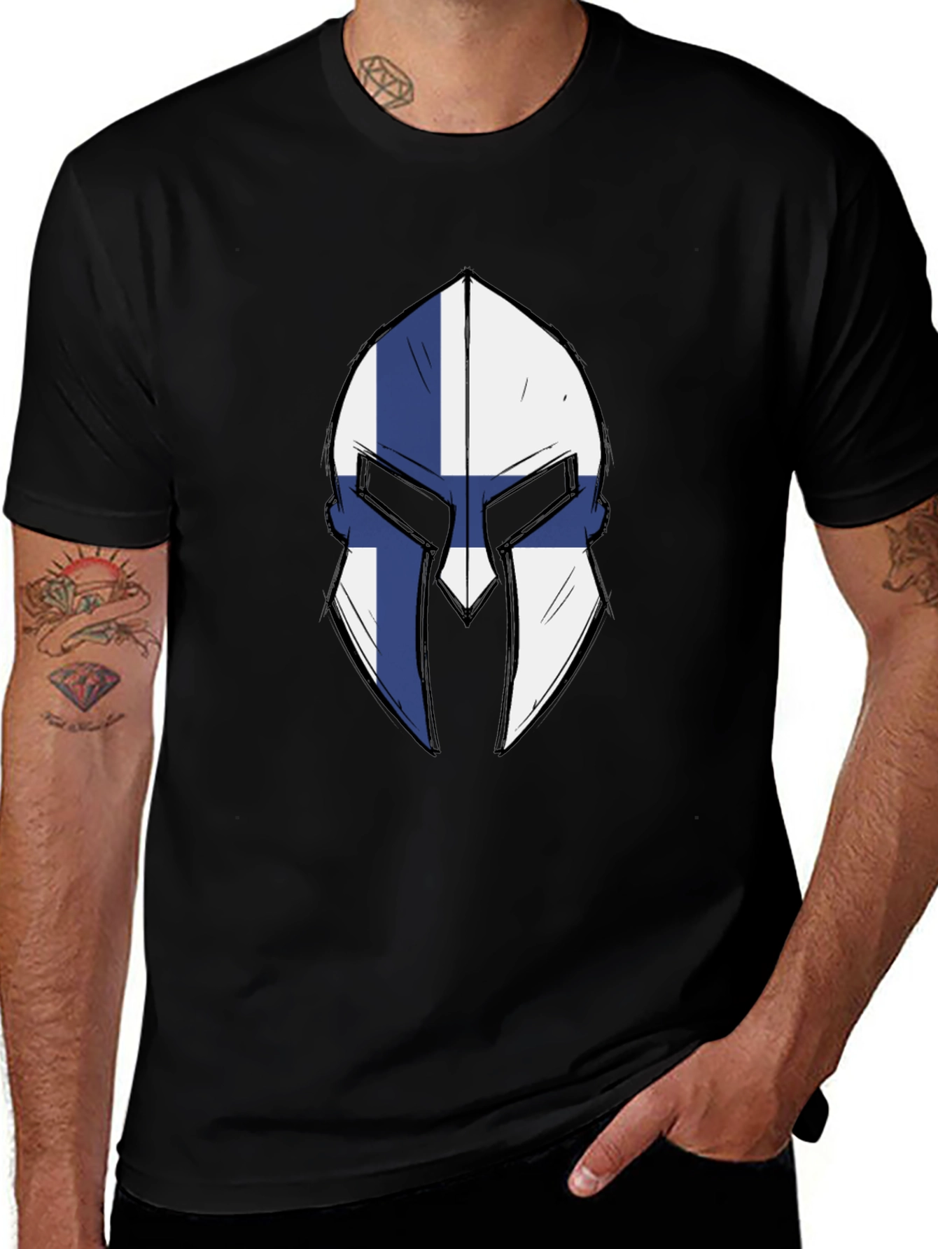 Finnish Spartan Helmet Graphic Tee - Black Cotton T-Shirt