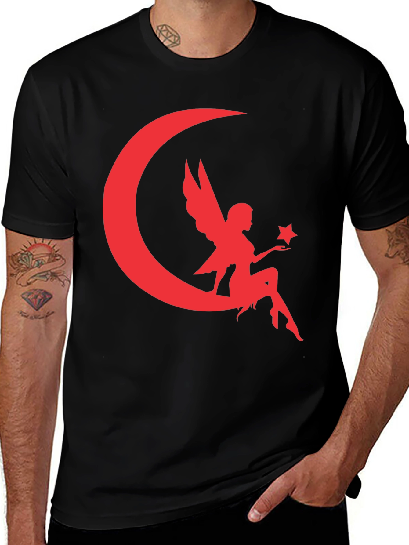 Black Fairy Moon Graphic Tee - Black Cotton Blend T-Shirt main image