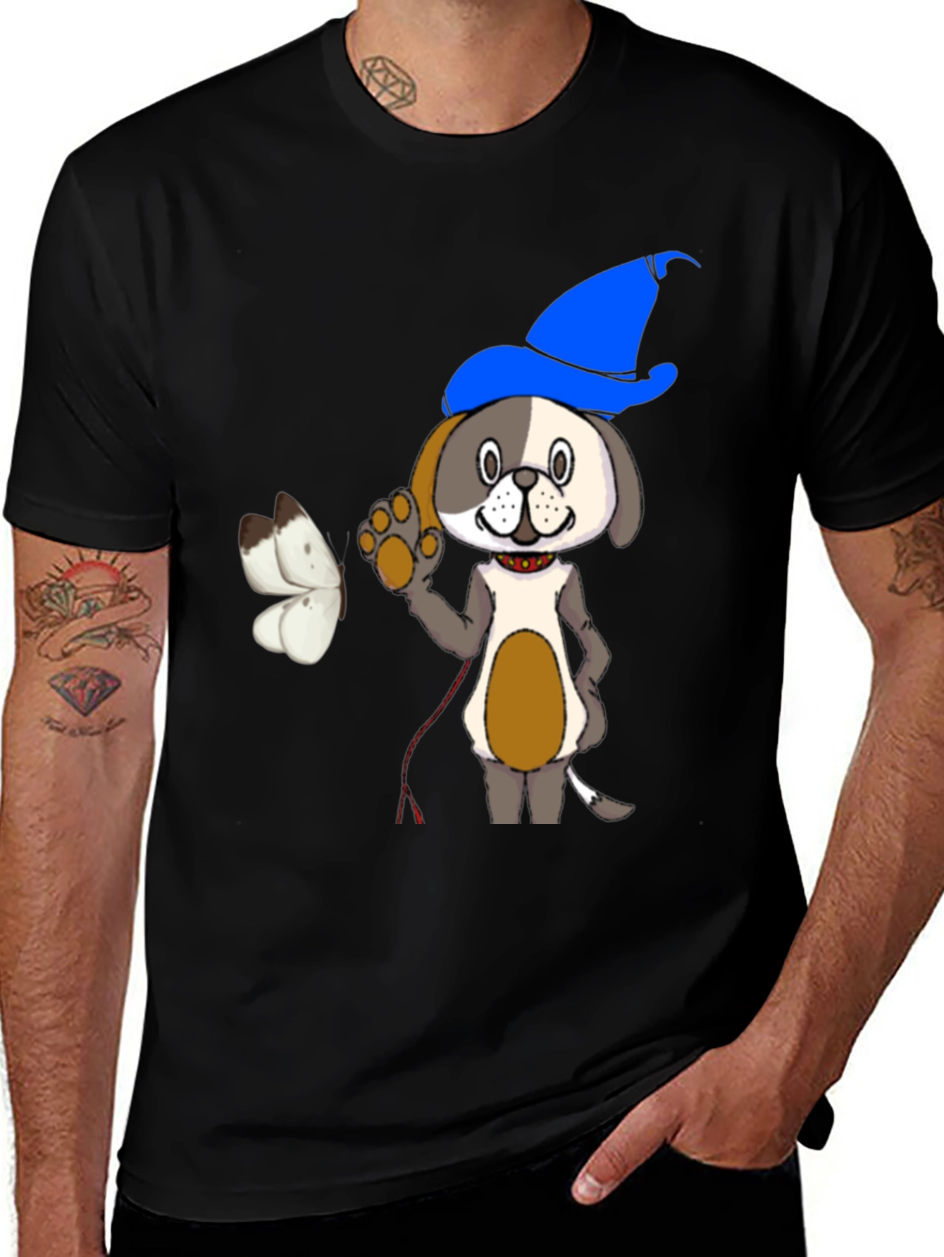 Cartoon Dog Wizard Black T-Shirt