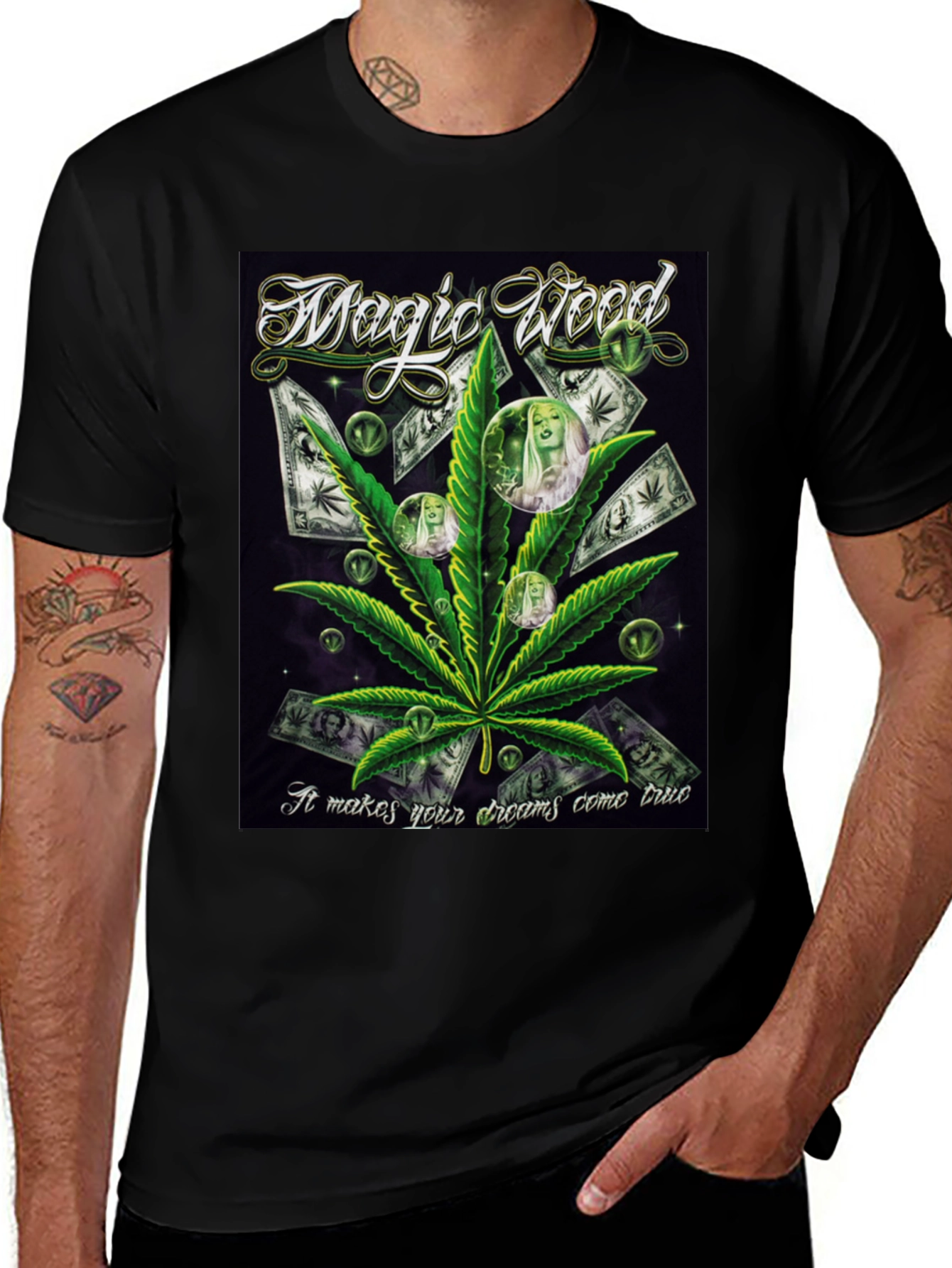 Variant 13 of Magic Weed Graphic Print Black T-Shirt