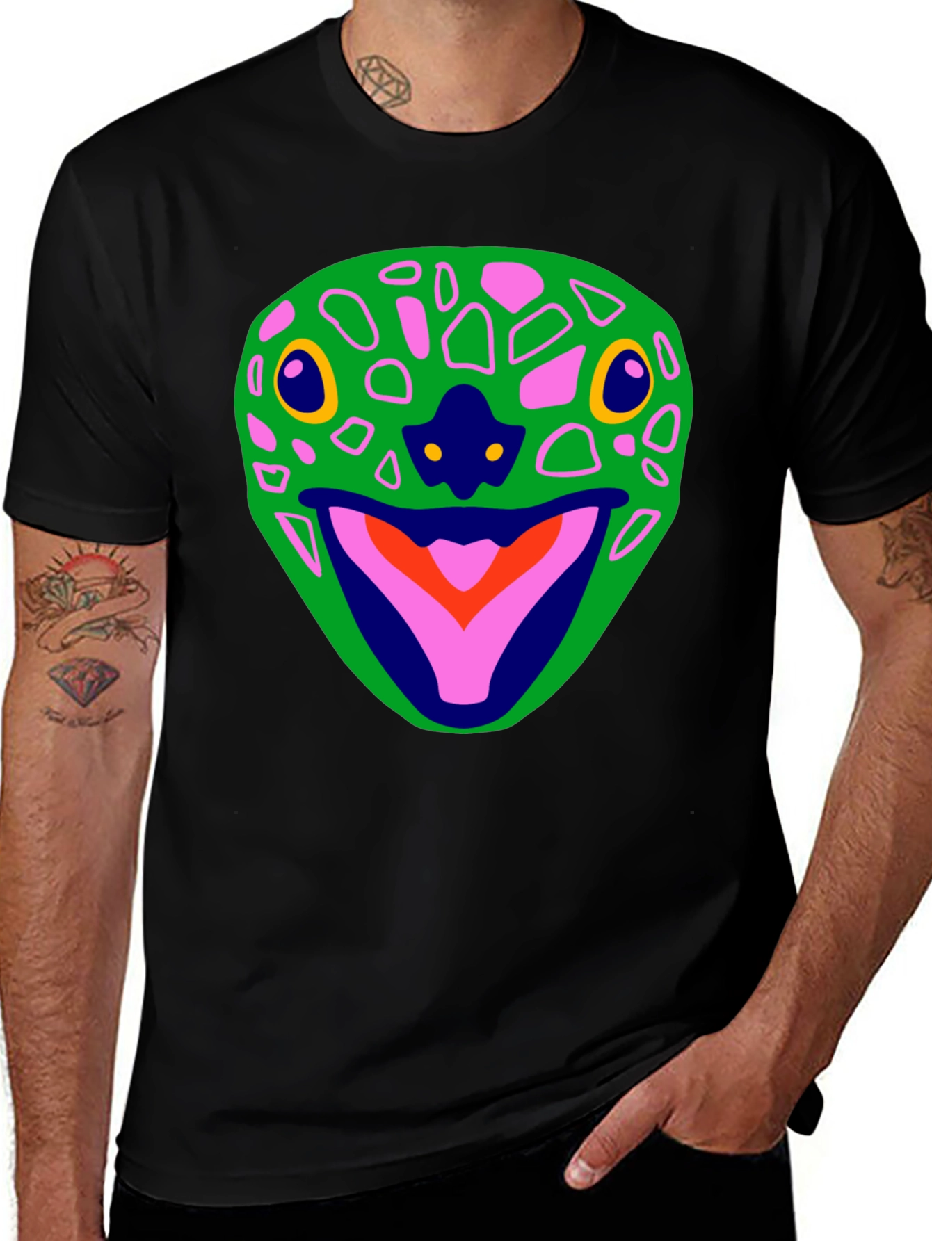 Funky Frog Face Graphic Tee - Black Cotton Casual T-Shirt