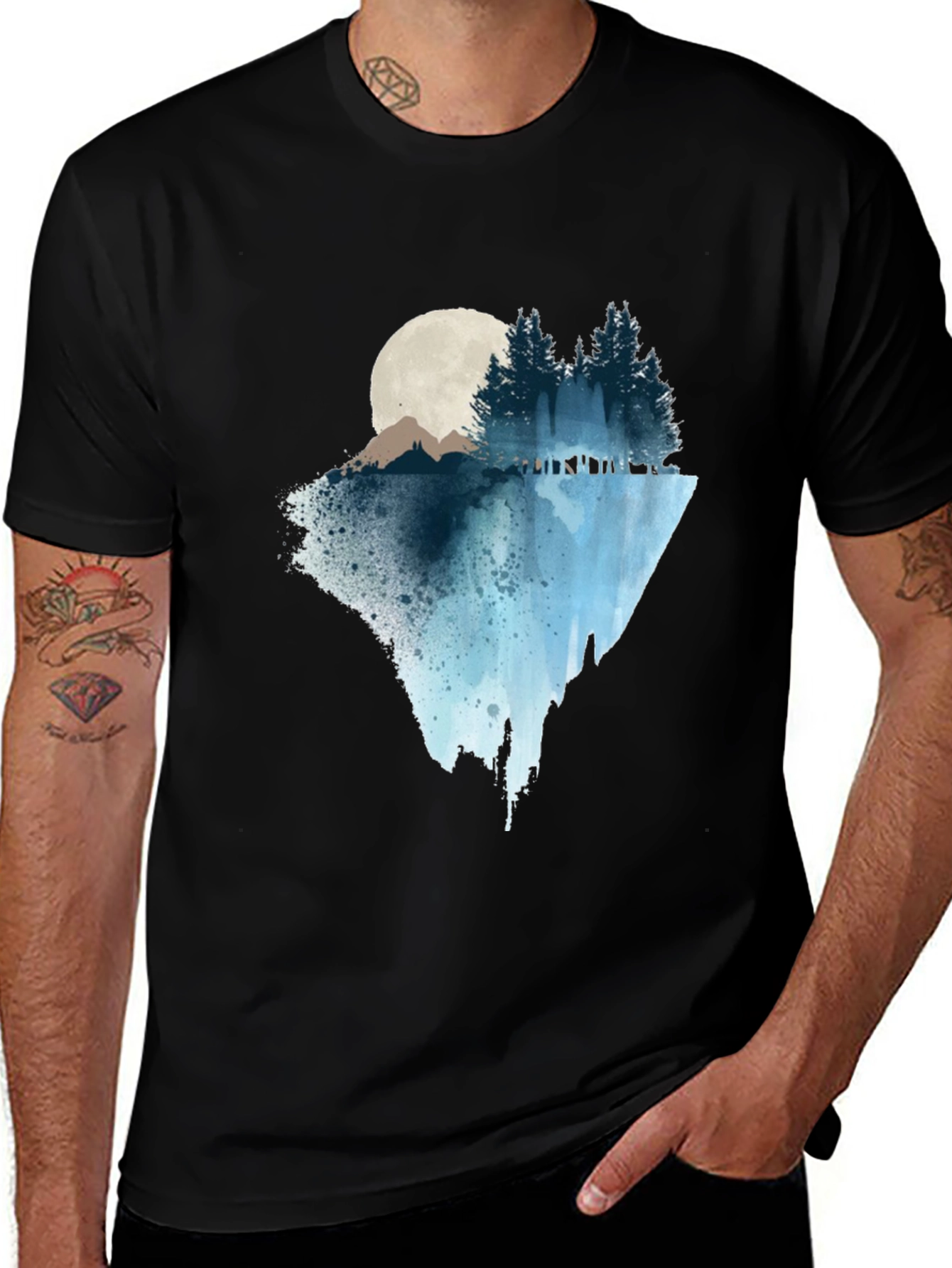 Nature Scene Graphic Tee - Black Cotton T-Shirt